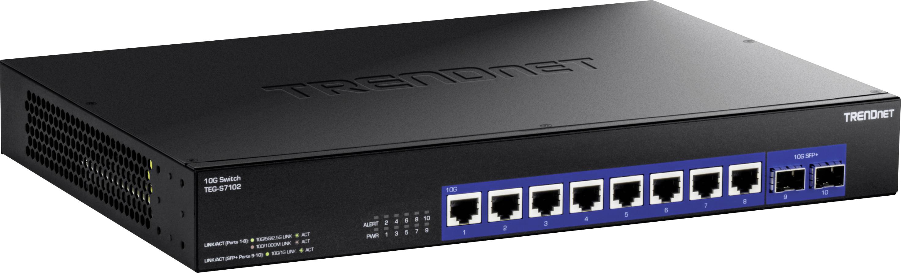 Črn mrežni switch z osmimi Ethernet vrati in dvema dodatnima priključkoma. Blagovna znamka 'TRENDnet' vidna na zgornji strani.