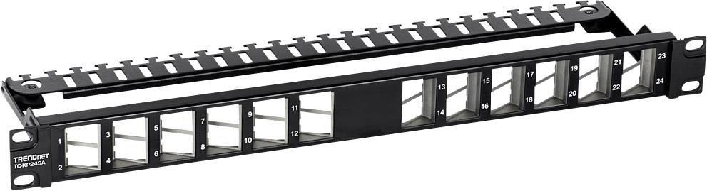 'Prazen patch panel s 24 RJ45 priključki, oštevilčen od 1 do 24, črn, znamke TRENDnet, model TC-P24C6.'