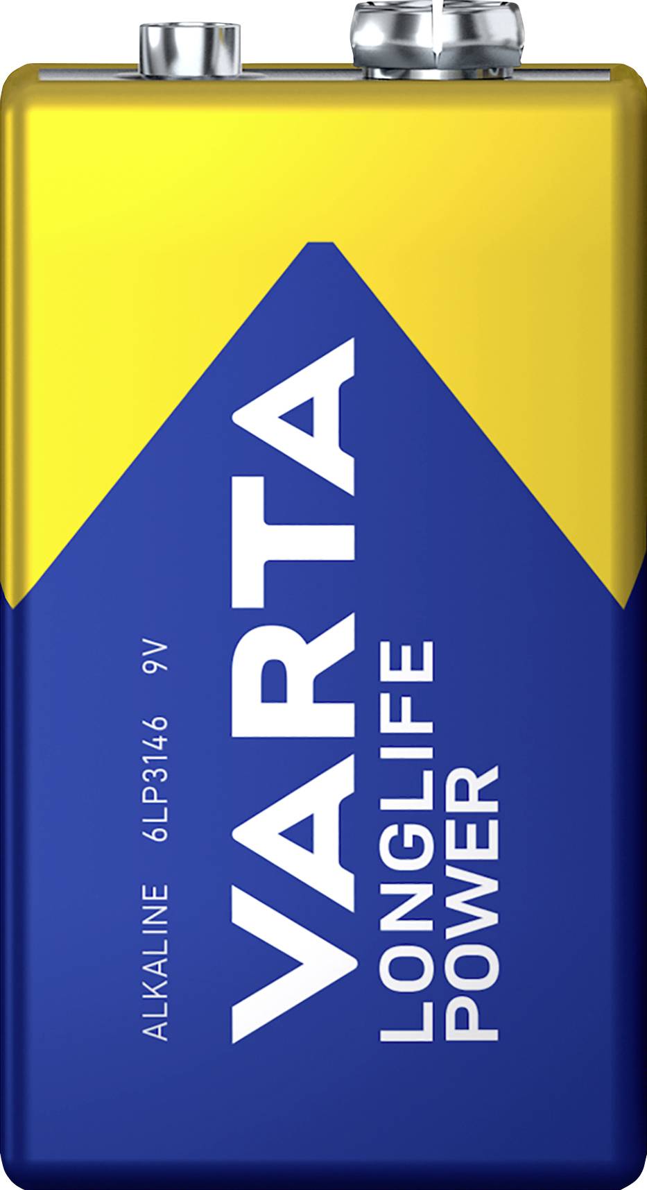 Baterija z modro-rumenim dizajnom, z napisom 'Varta Longlife Power', tipa Alkaline, 9V.