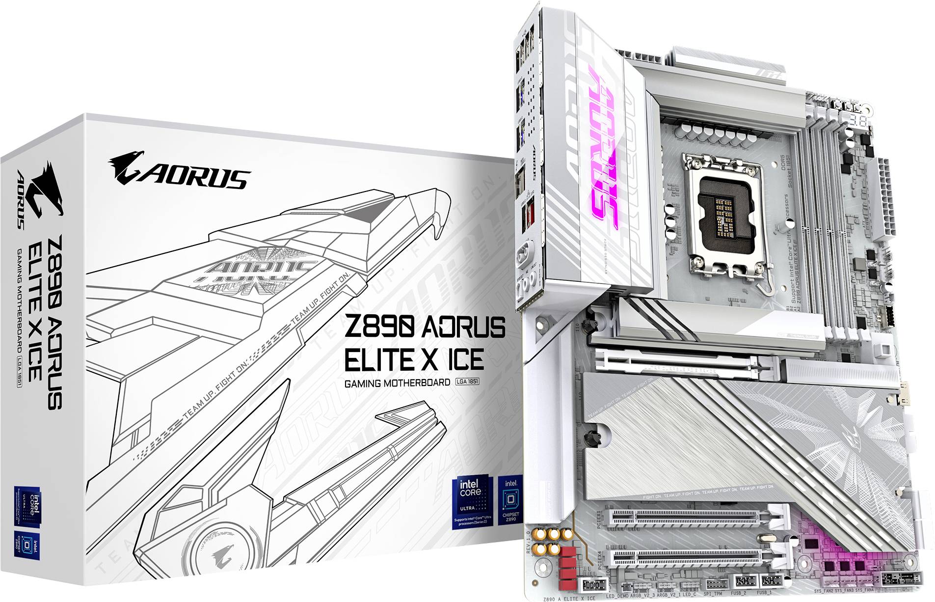 Z690 AORUS ELITE X ICE Gaming matična plošča, embalaža in glavna plošča z svetlo sivo zasnovo in poudarjenimi detajli hladilnega sistema.