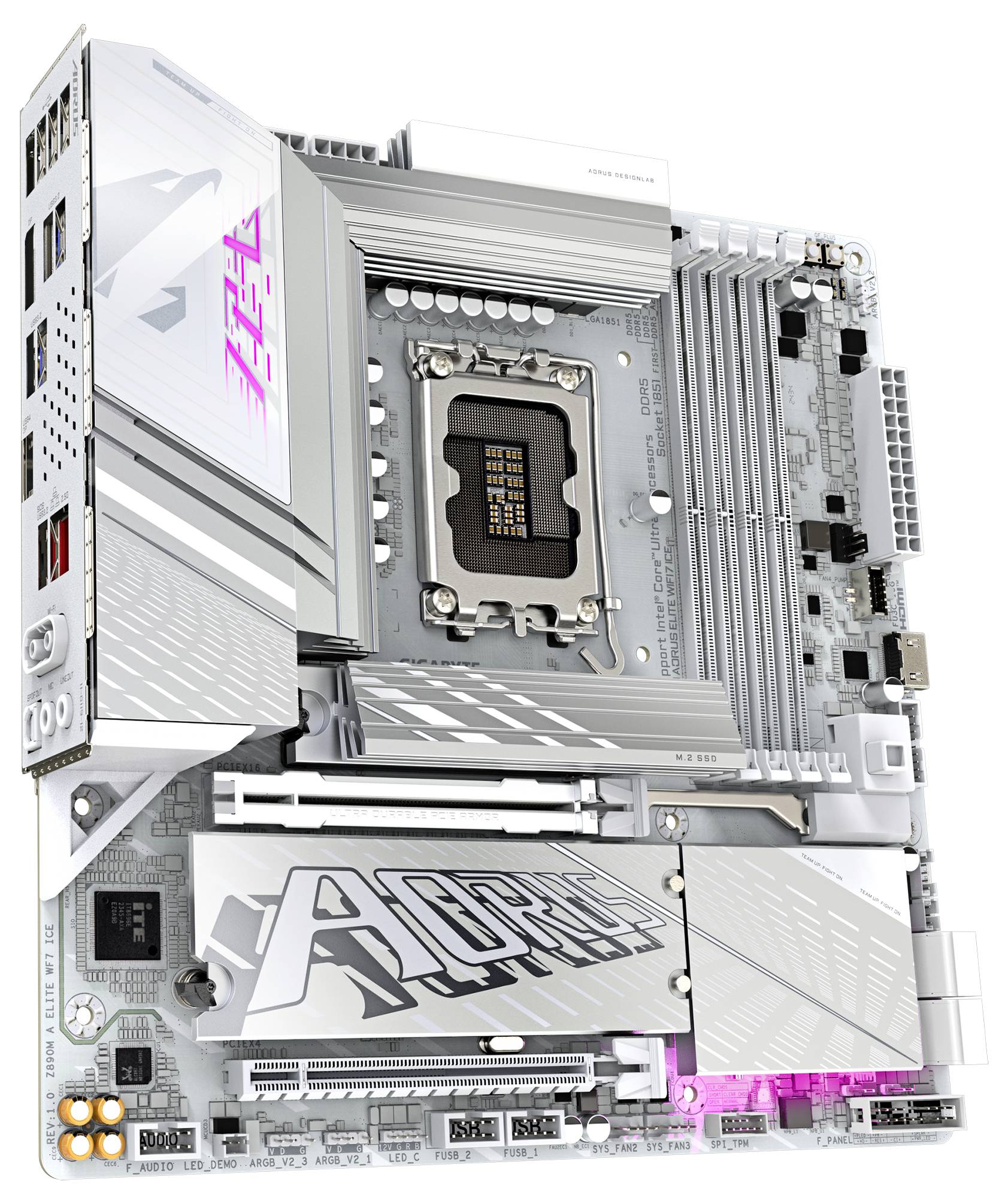 Srebrno računalniško matično ploščo z napisom 'Aorus', ležeč CPU priključek na sredini, PCIe reže in več hladilniki.