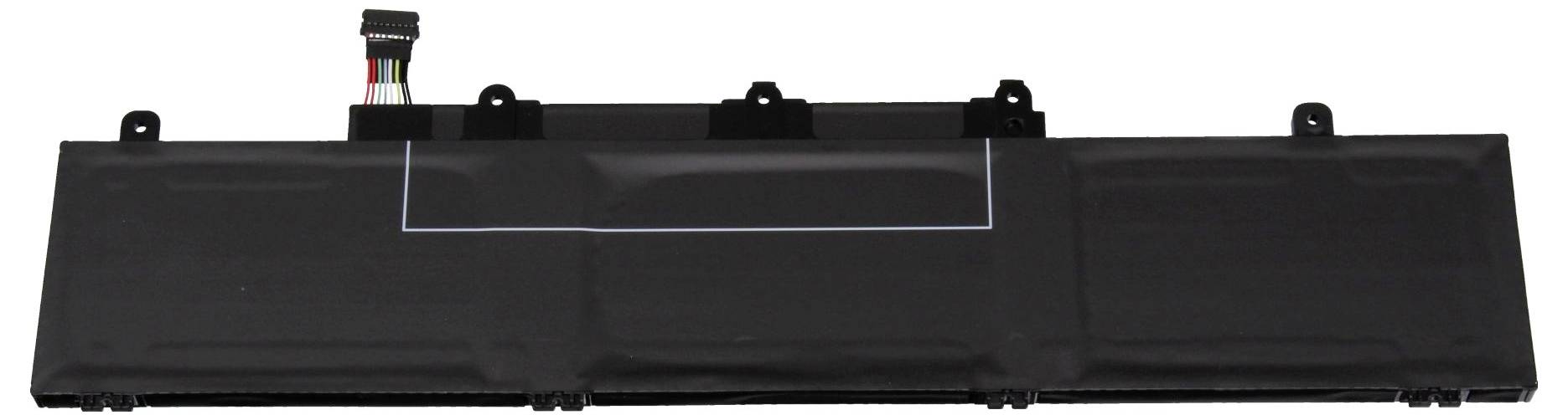 Črna prenosniška baterija z več celicami in vidnim priključkom na levi zgornji strani.