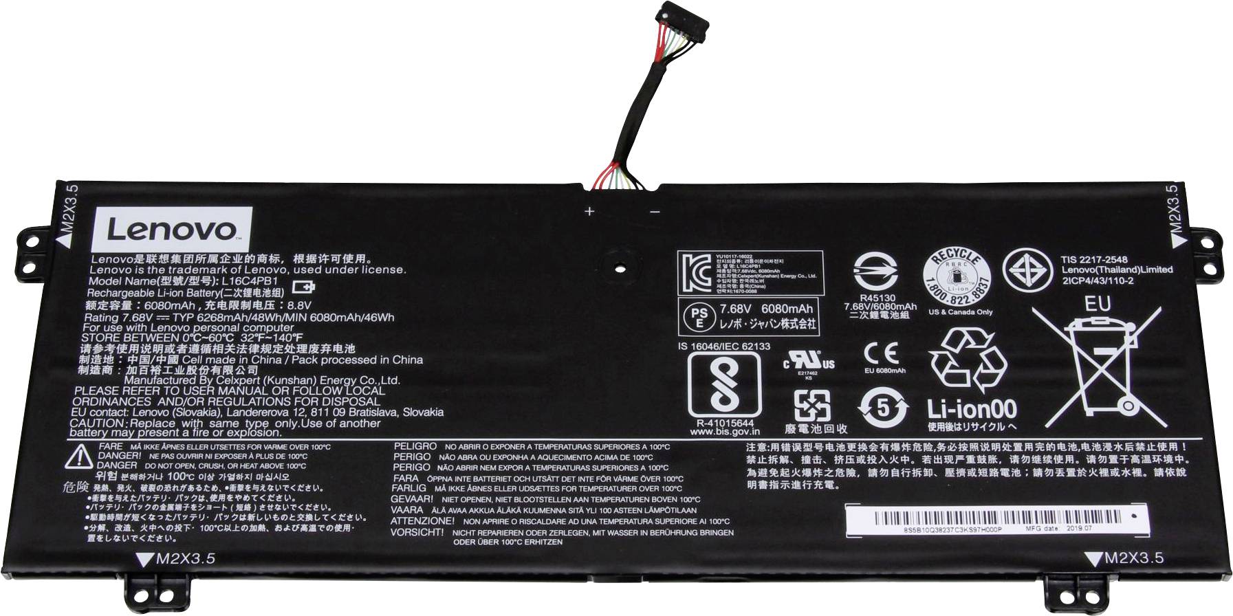 Črna Lenovo prenosniška baterija z belim besedilom in simboli. Prikazuje varnostne in reciklažne informacije ter tehnične specifikacije.