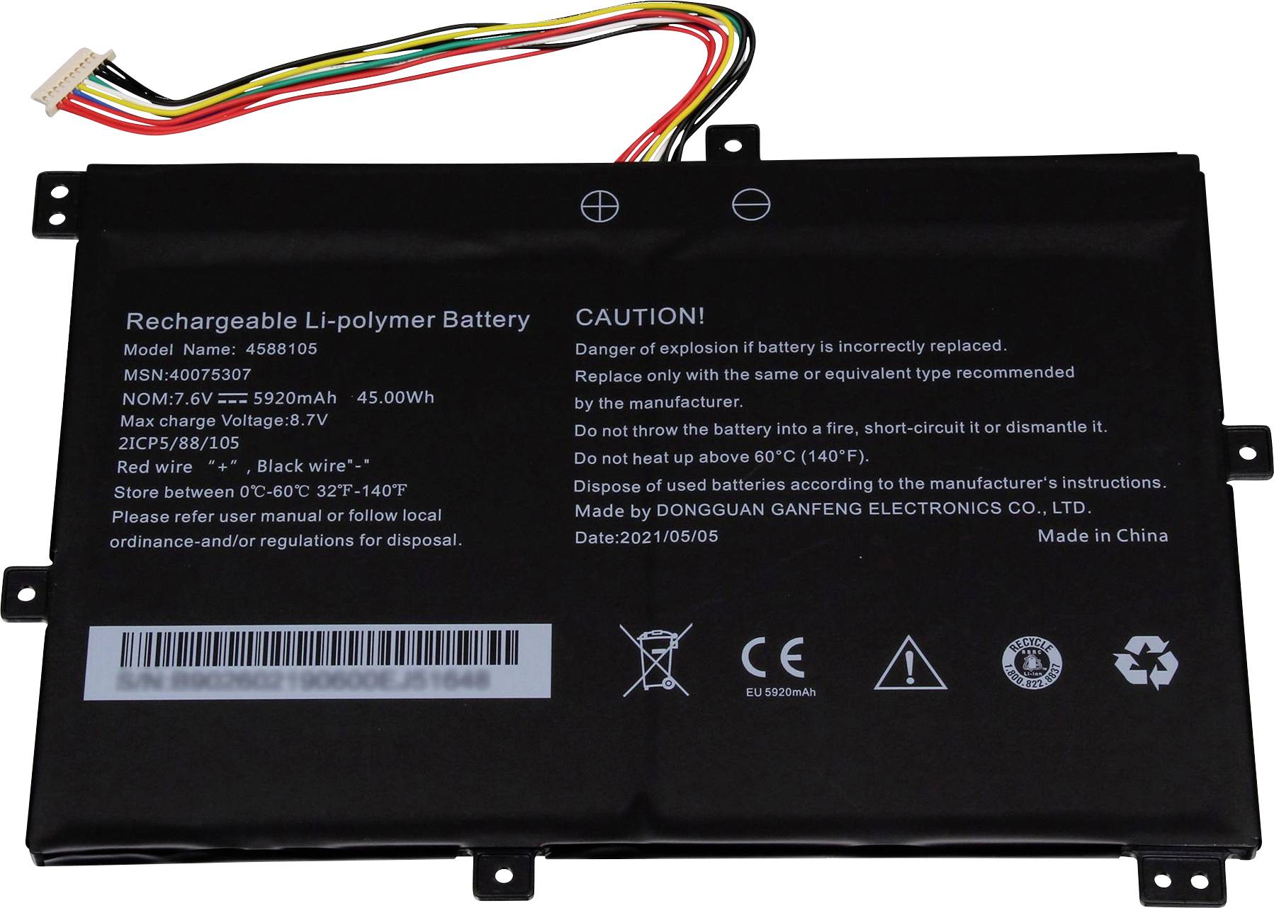Litij-polimerni akumulator z napisom 'Polnilna litij-polimerna baterija'. Model: 4886105. 7,6 V, 5920 mAh. Varnostna opozorila in navodila za odstranjevanje.