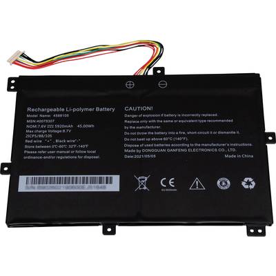 Litij-polimerni akumulator z napisom 'Polnilna litij-polimerna baterija'. Model: 4886105. 7,6 V, 5920 mAh. Varnostna opozorila in navodila za odstranjevanje.
