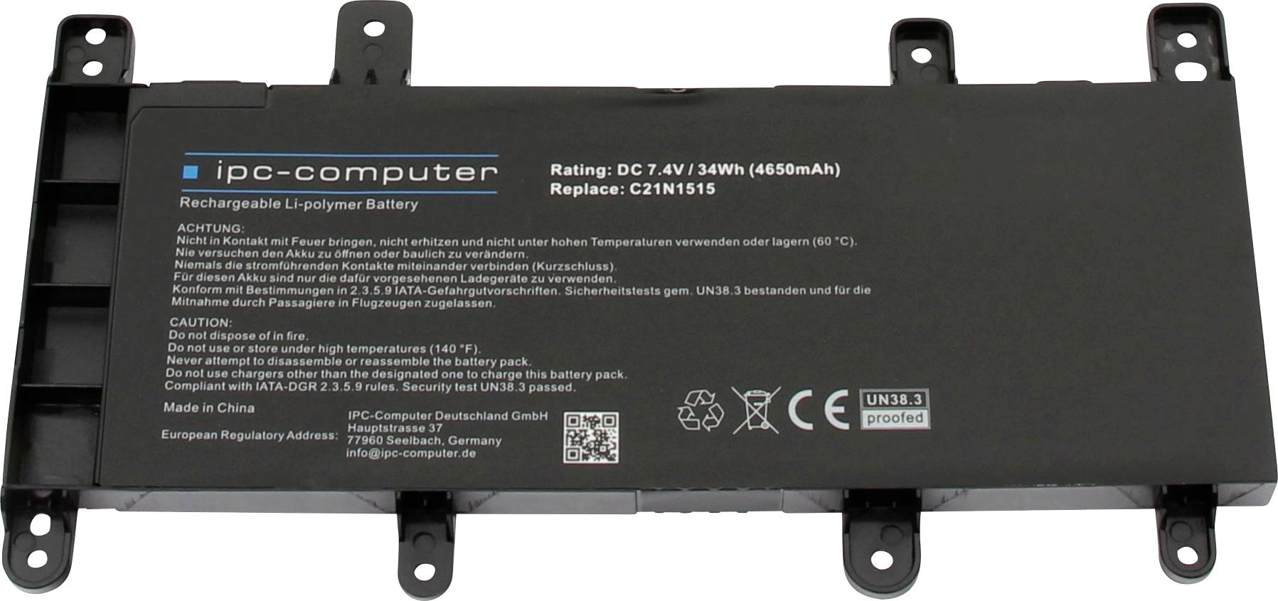Ponovno polnljiva Li-polimerna baterija z napisom: 'Ocena: DC 7,4 V 34 Wh (4650 mAh)'. Vsebuje varnostne ukrepe in podatke o proizvajalcu.