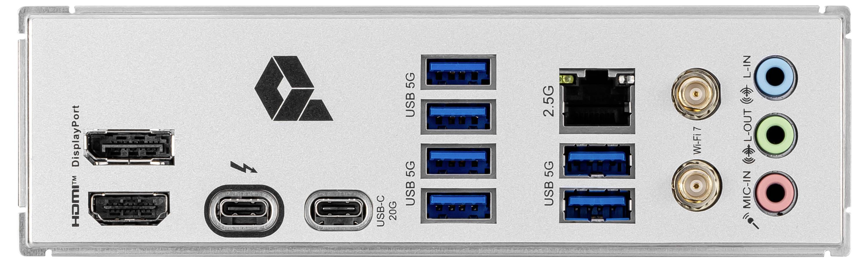 Zadnja stran računalniškega matičnegaoarda s priključki: HDMI, DisplayPort, USB 3.2, 2,5G Ethernet, priključki za Wi-Fi antene in avdio priključki.
