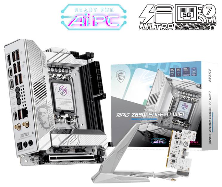 Matična plošča MSI Z890 EDGE TI WIFI z Ultra Connect 5G funkcijo in dodatki, vključno z anteno in originalno embalažo.