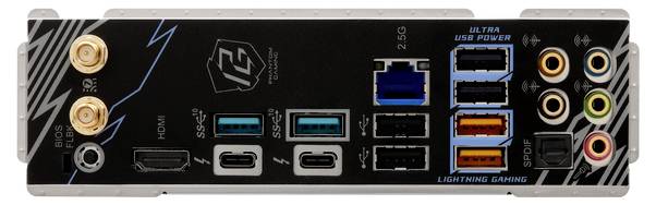 Zadnja stran računalniškega matičnega boards-a z več priključki: USB, HDMI, Ethernet, Audio in še več. Oznake za specifične vrata so vidne.