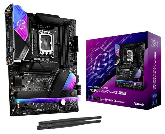 Matična plošča ASRock Z690 Lightning v embalaži, črne barve z osvetljenimi poudarki, vključno z WiFi in HDMI priključki.