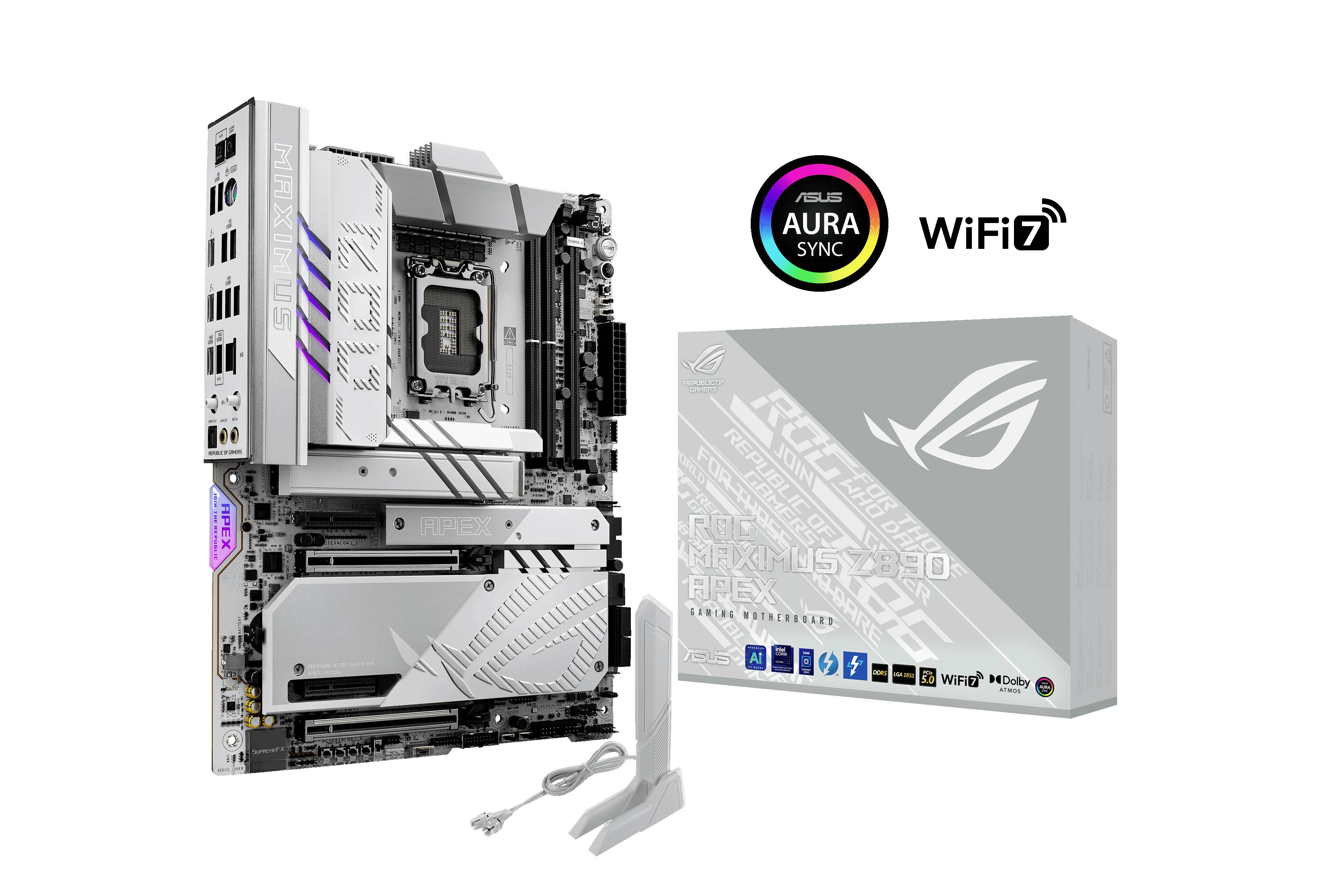 Matična plošča z RGB elementi, WLAN anteno in embalažo. Vidni so logotipi ASUS Aura Sync, WiFi 7 in ROG.