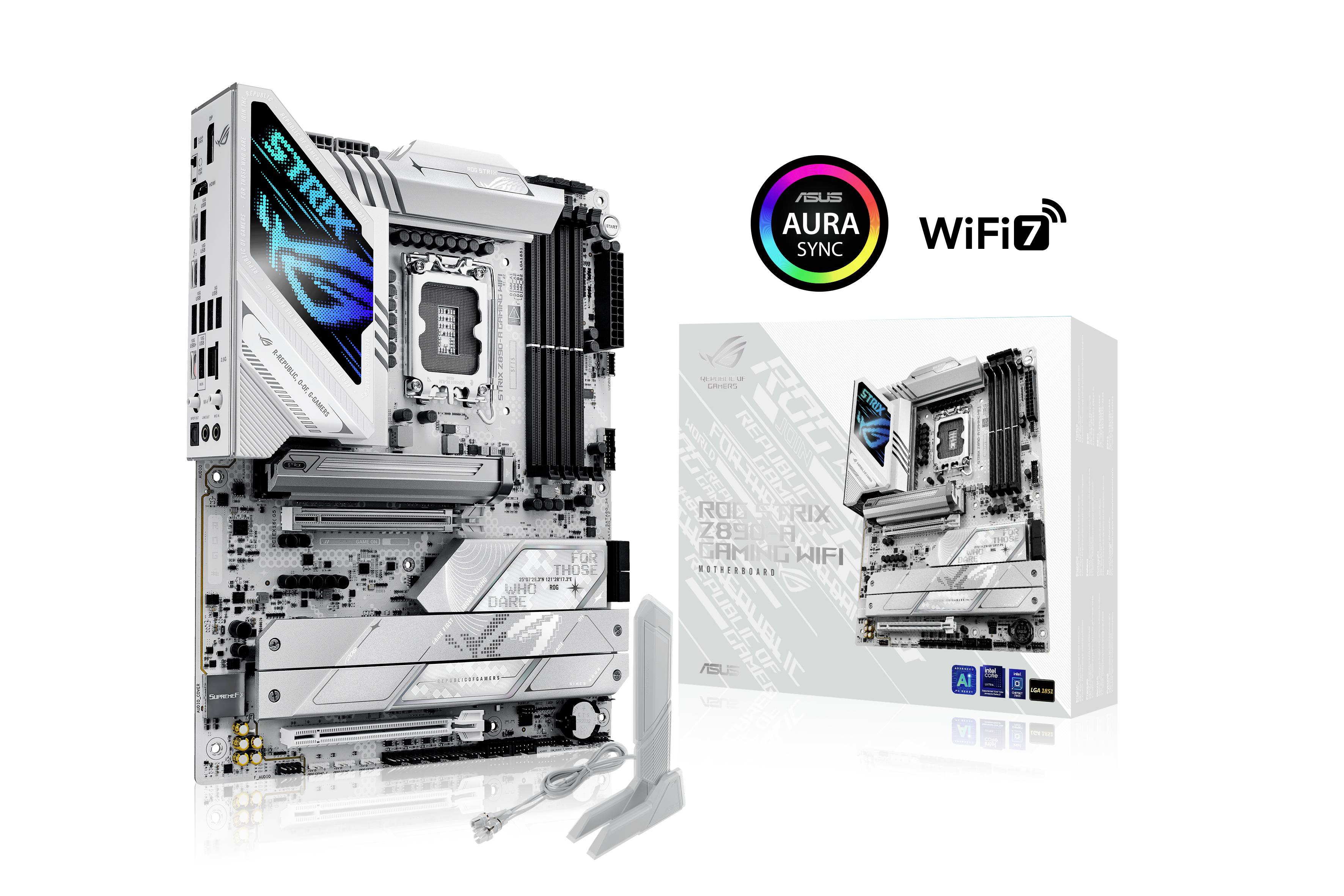 Matična plošča z WiFi 7 in tehnologijo ASUS Aura Sync, prikazana pred škatlo izdelka.