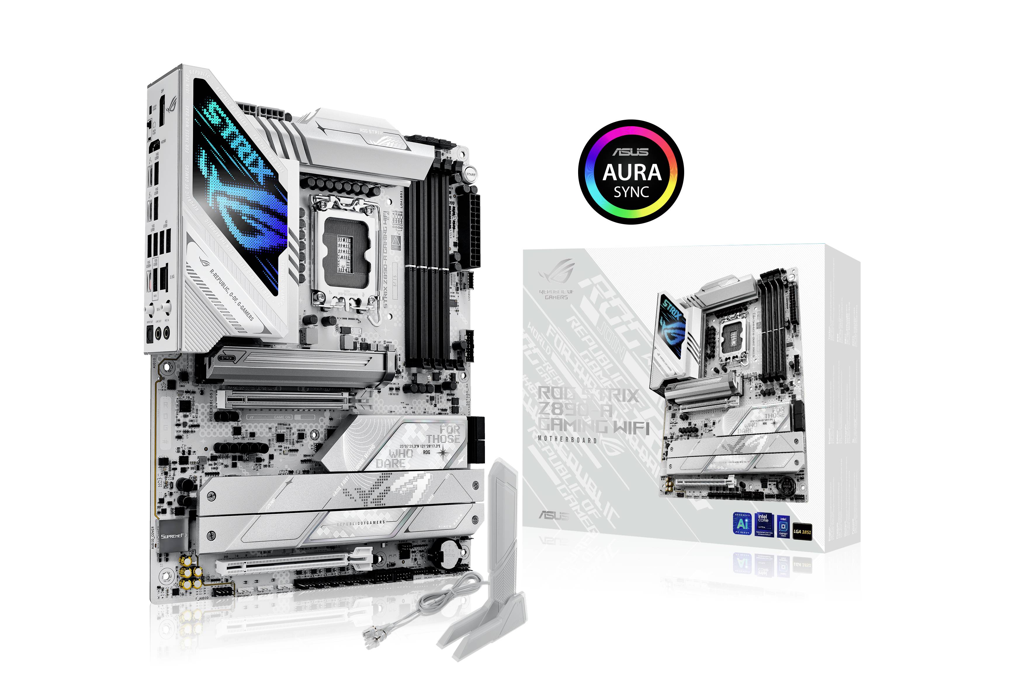 Matična plošča ASUS ROG Strix z Intel vtičnico, RGB osvetlitvijo in Wi-Fi 6E. Embalaža vidna, dizajn poudarja zmogljivost in slog.