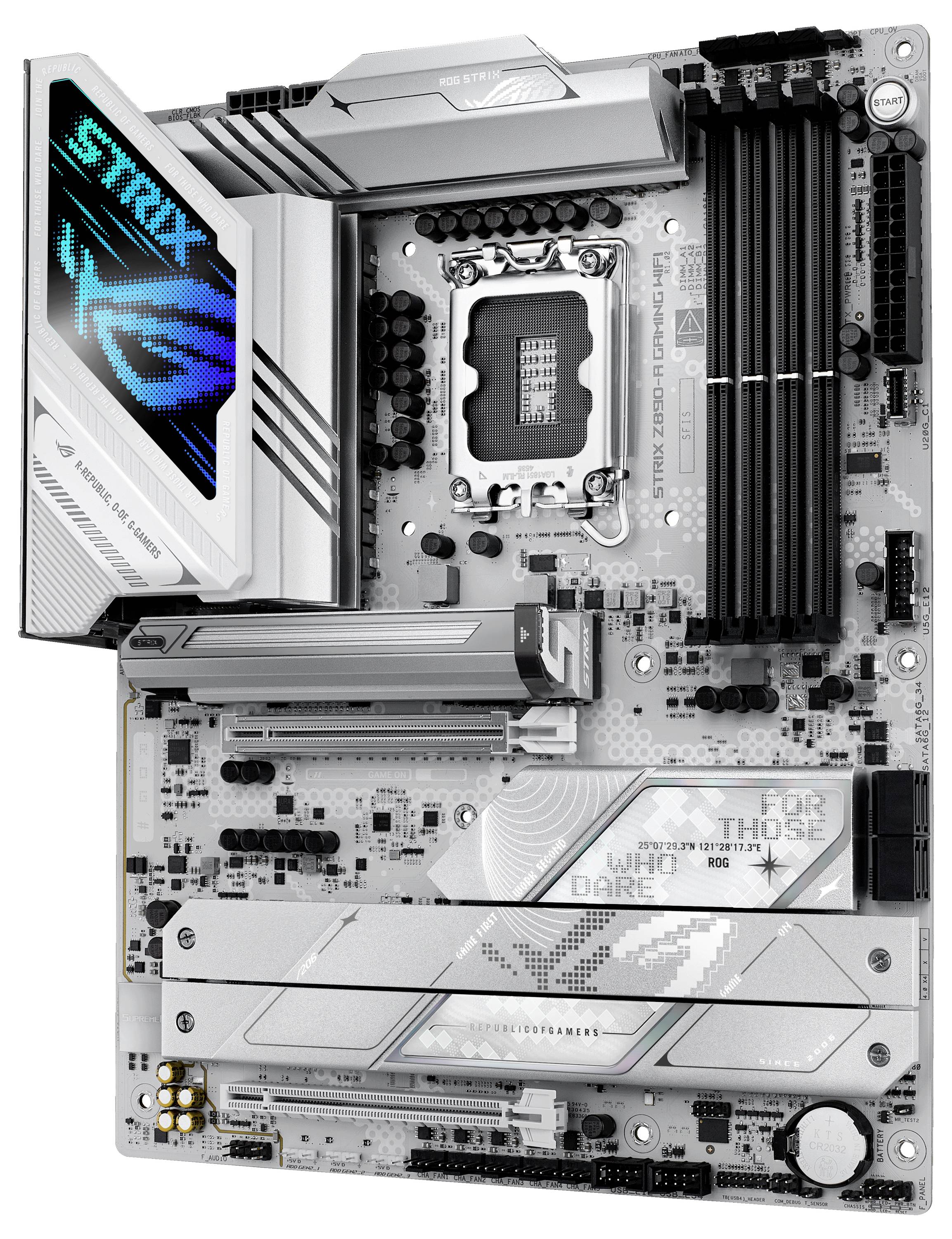 Računalniška matična plošča z dizajnom v srebrni in črni barvi. Prikazuje reže za RAM, CPU in druge komponente. Okrašena z logotipom 'STRIX'.