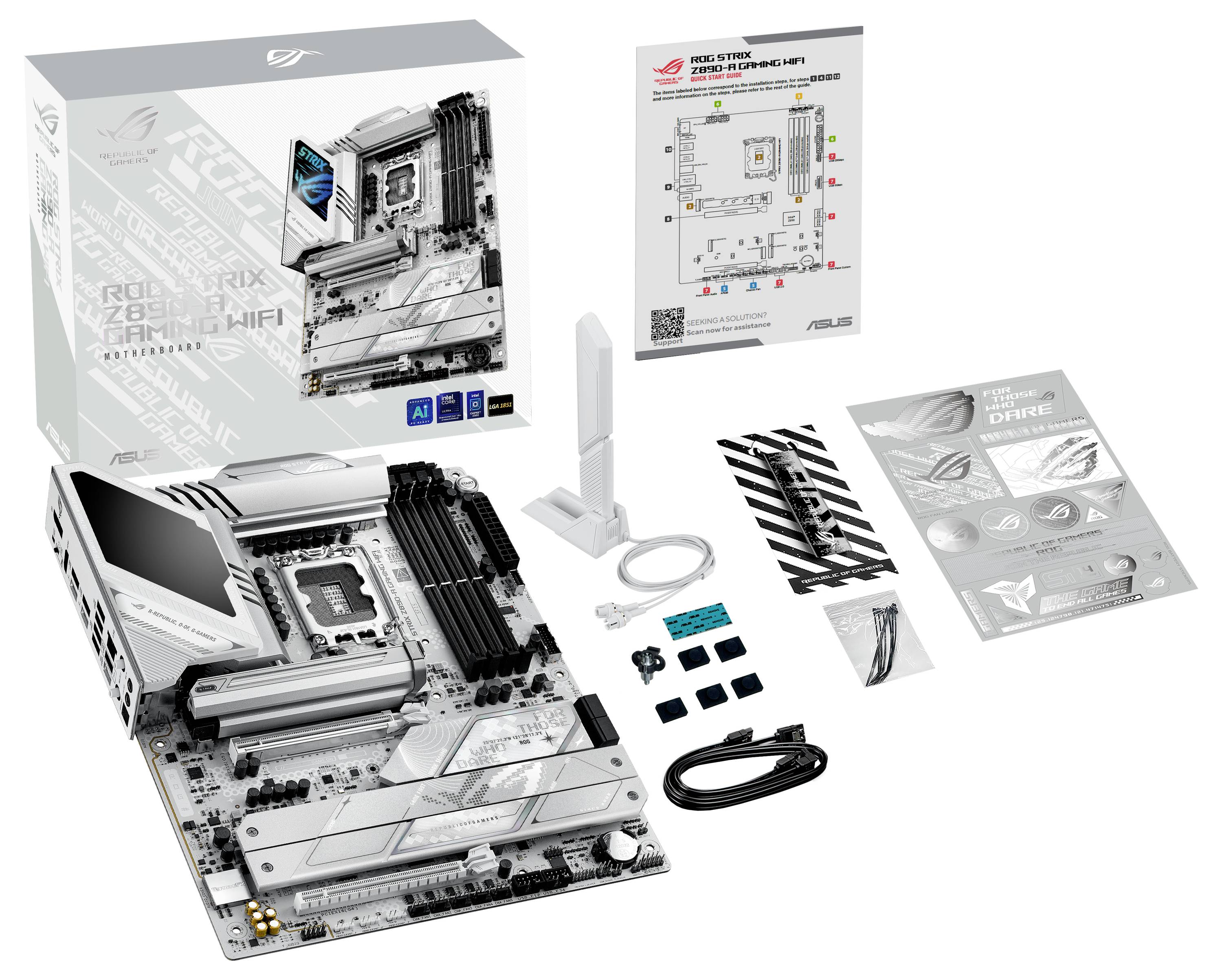 Matična plošča 'ASUS ROG STRIX Z690-A GAMING WIFI' z dodatki: antena, kabli, priročnik. Embalaža, razvidne podrobne ilustracije.