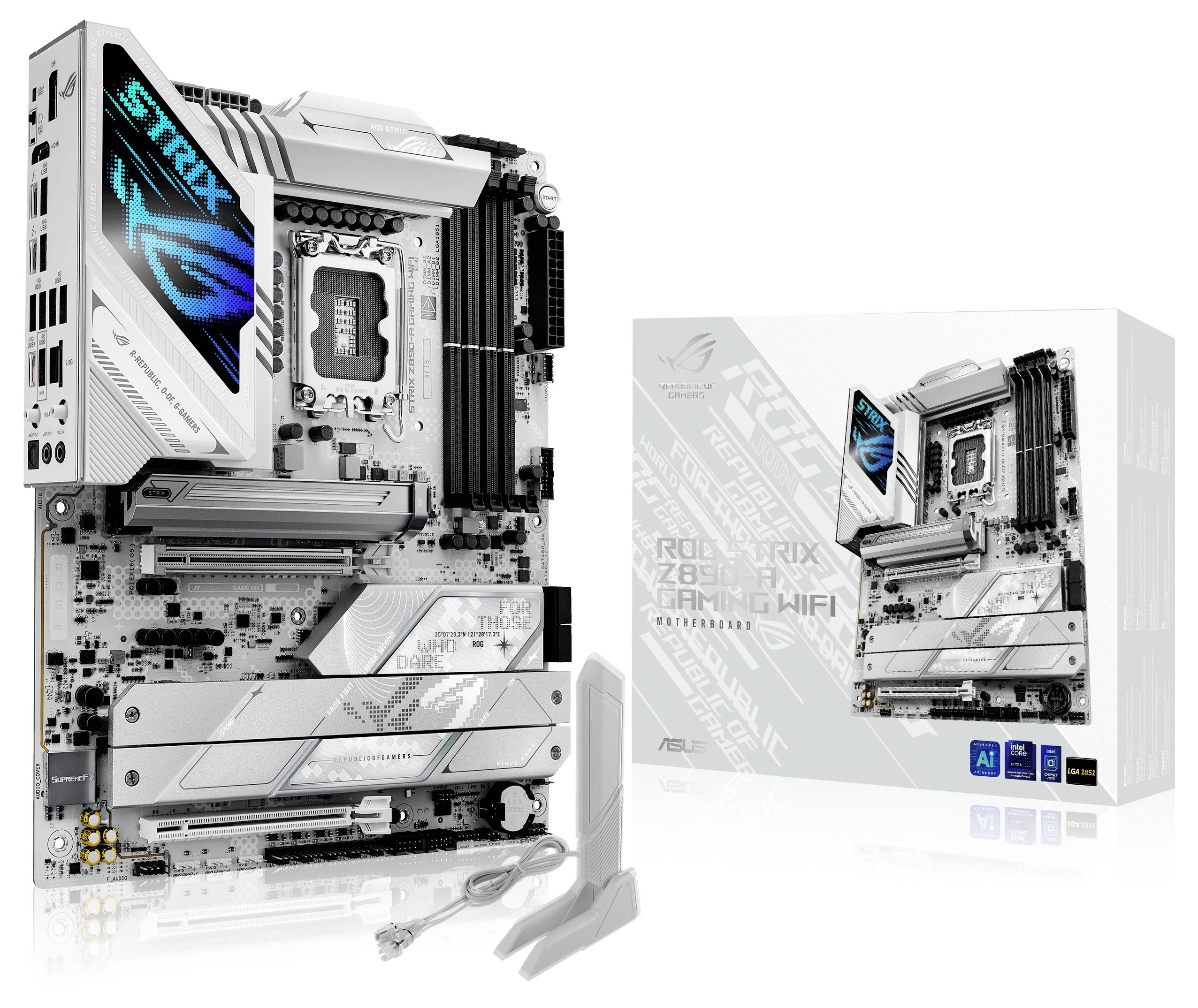 ASUS ROG Strix Z690-A Gaming WiFi D4 matična plošča in embalaža z futurističnim dizajnom in številnimi priključki.
