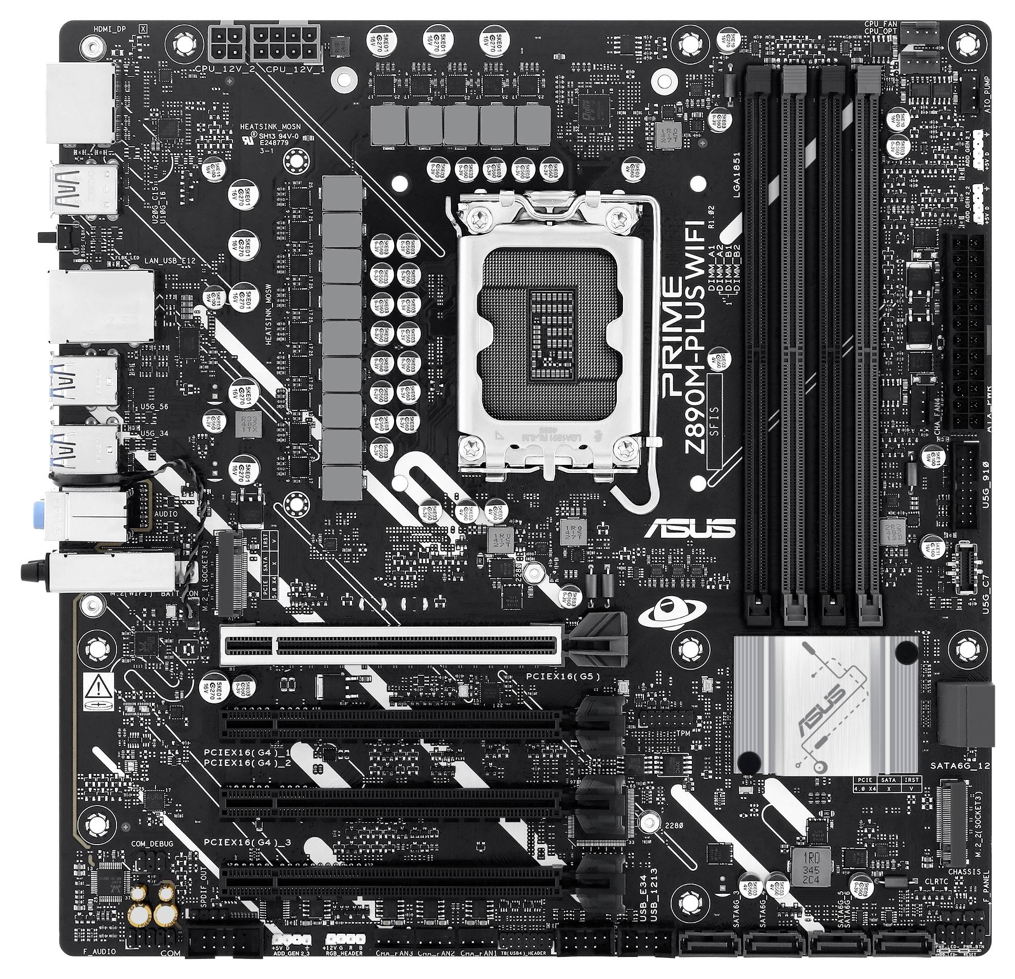 ASUS matična plošča z več PCIe režami, režami za RAM in Intel vtičnico, na črni tiskani plošči z belimi napisi.