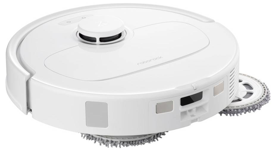 Bel, okrogel sesalni robot na beli podlagi. Robot ima senzorje in je opremljen z rotirajočimi ščetkami.