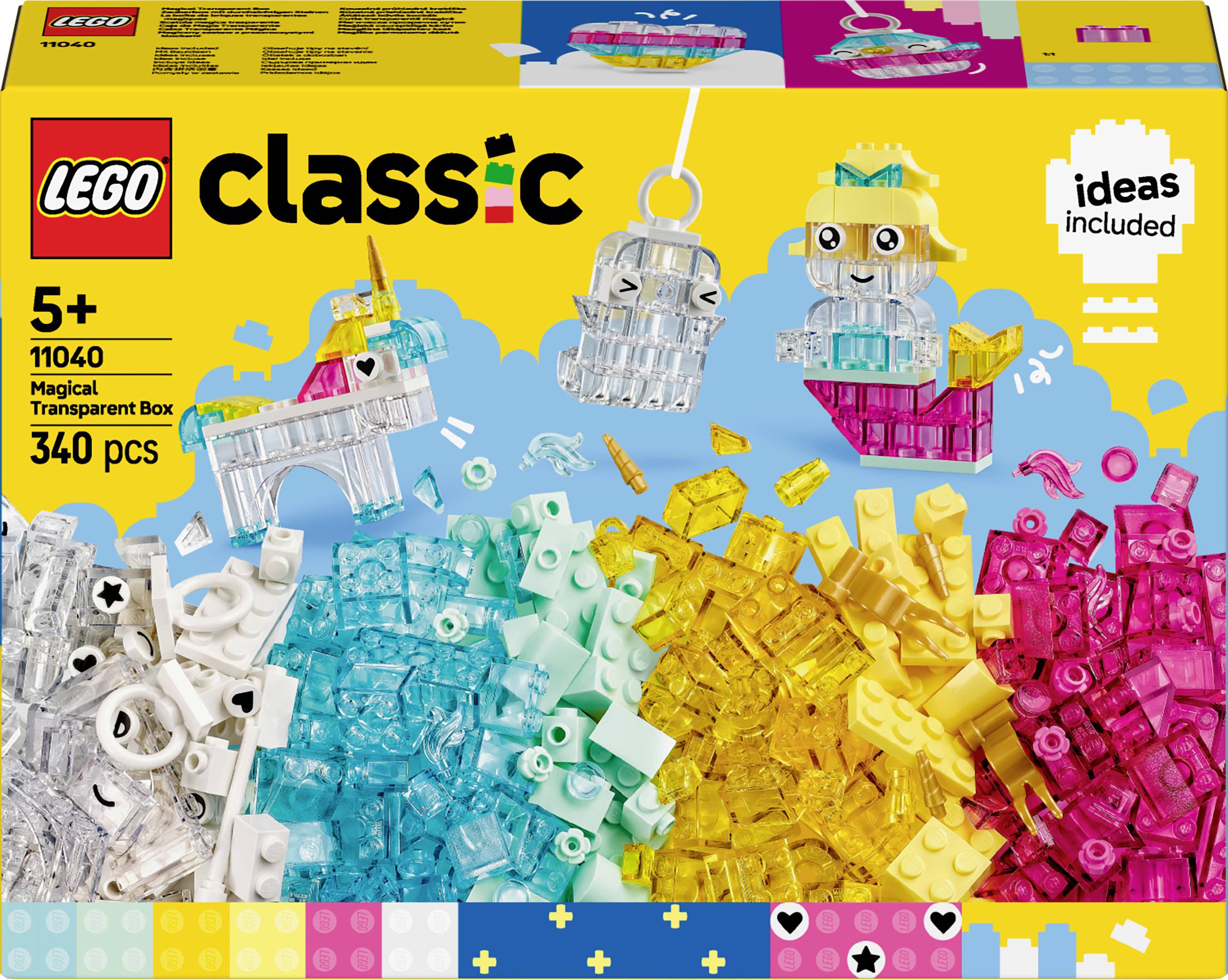 LEGO-set 'Magični prosojni kamni', primeren za otroke od 5 let, vsebuje 340 delov. Prikazuje barvite prosojne LEGO kocke in modele.