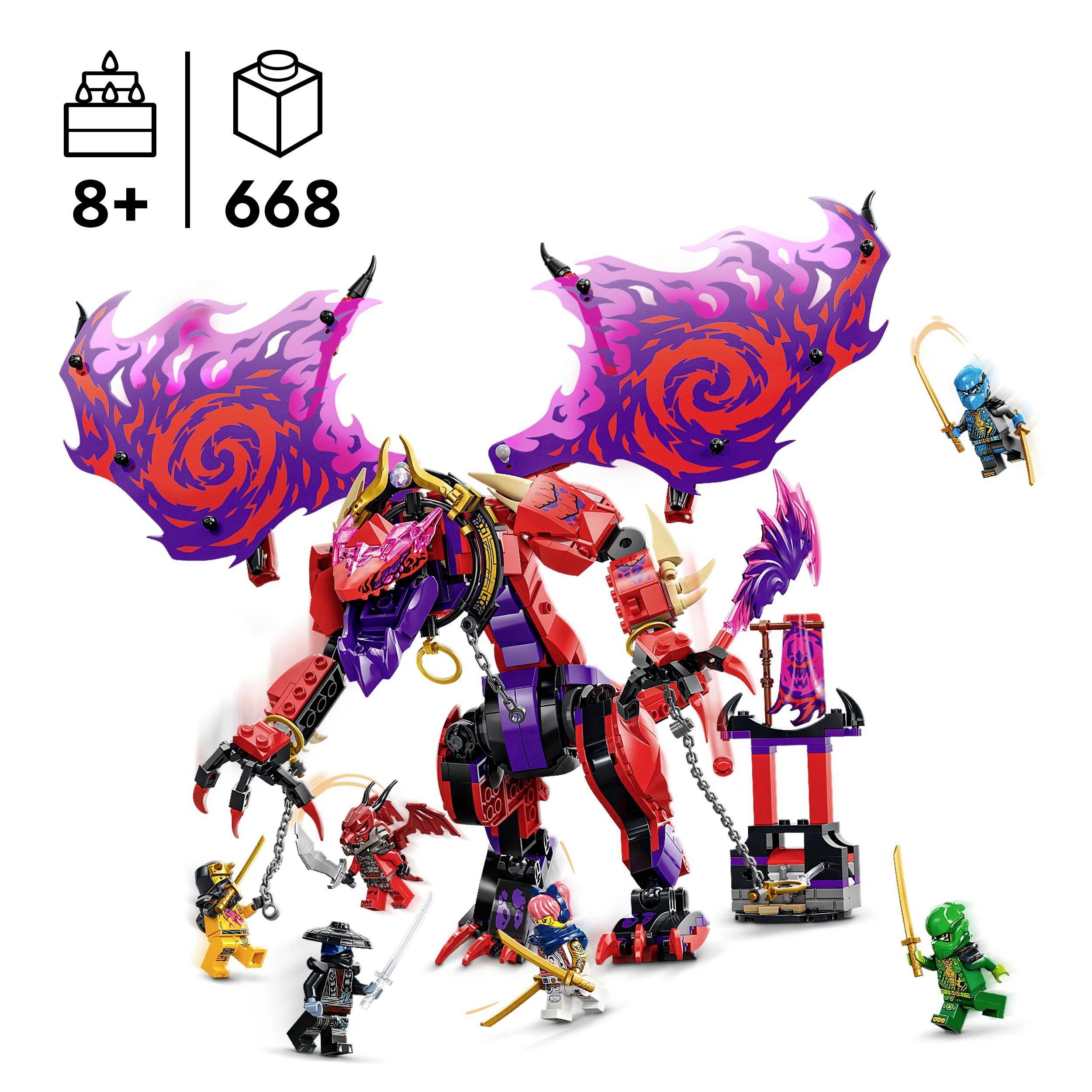 Velik barvit set Lego kock z zmajem in bojevniškimi figurami. Vsebuje 668 delov. Primerno za otroke od 8. leta naprej. Vključuje različne like in dodatno opremo.
