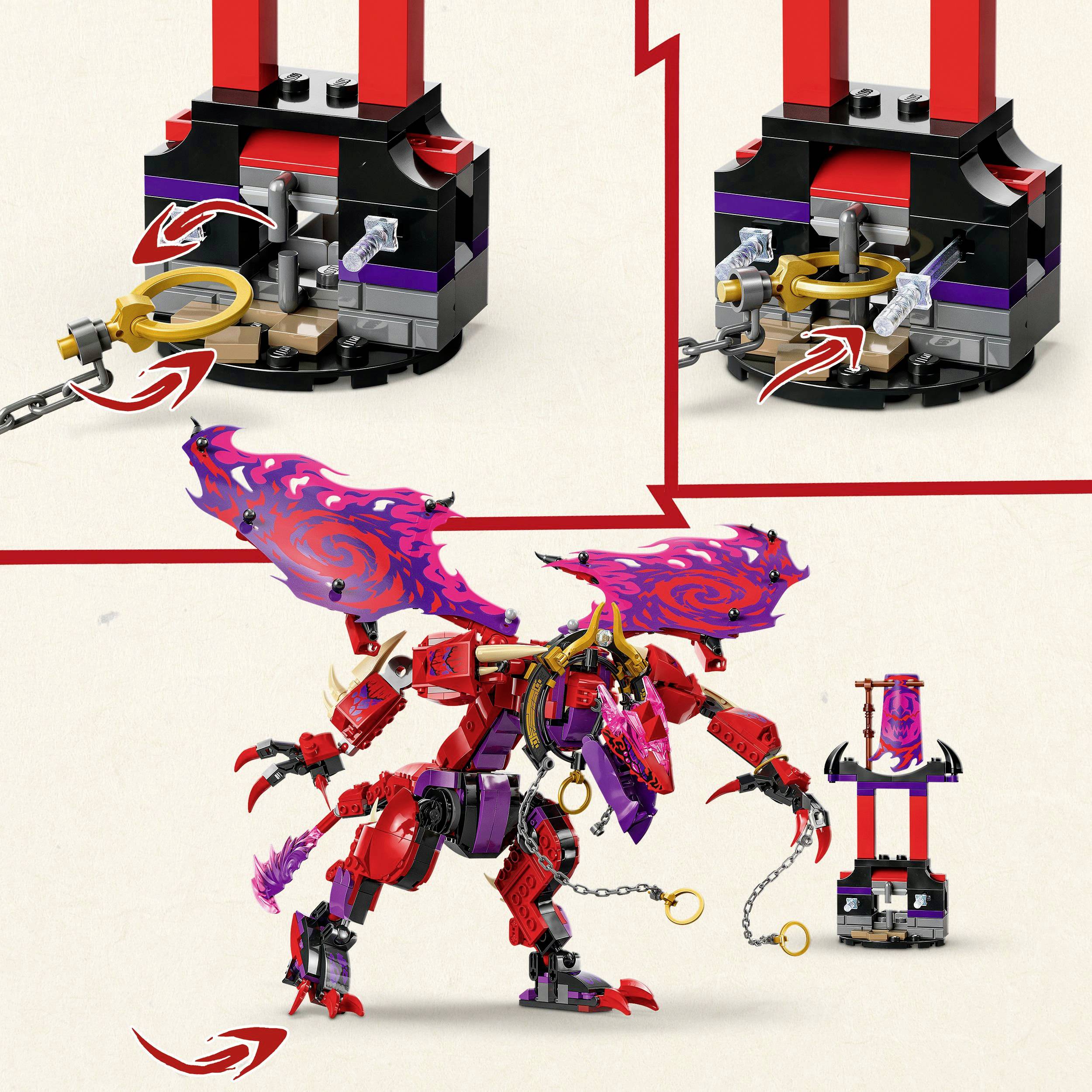 Navodilo za sestavljanje LEGO kompleta prikazuje rdečo-vijolično figuro zmaja z gibljivimi okončinami in podrobnim dodatkom za podstavek.