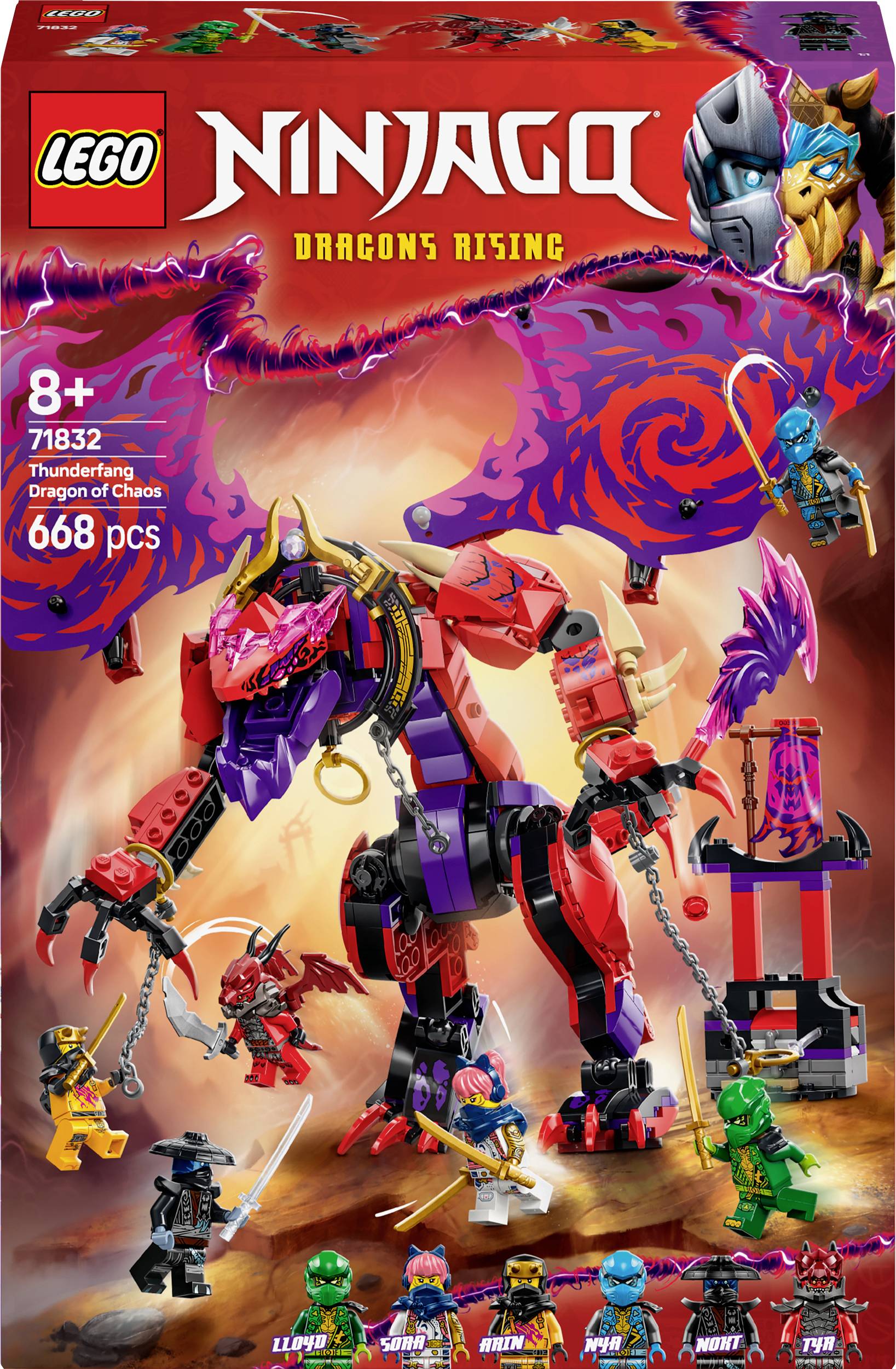 LEGO Ninjago 'Gromski zmaj kaosa' set za otroke, starejše od 8 let, 668 delov. Vsebuje različne ninjo bojevnike in zmaja.