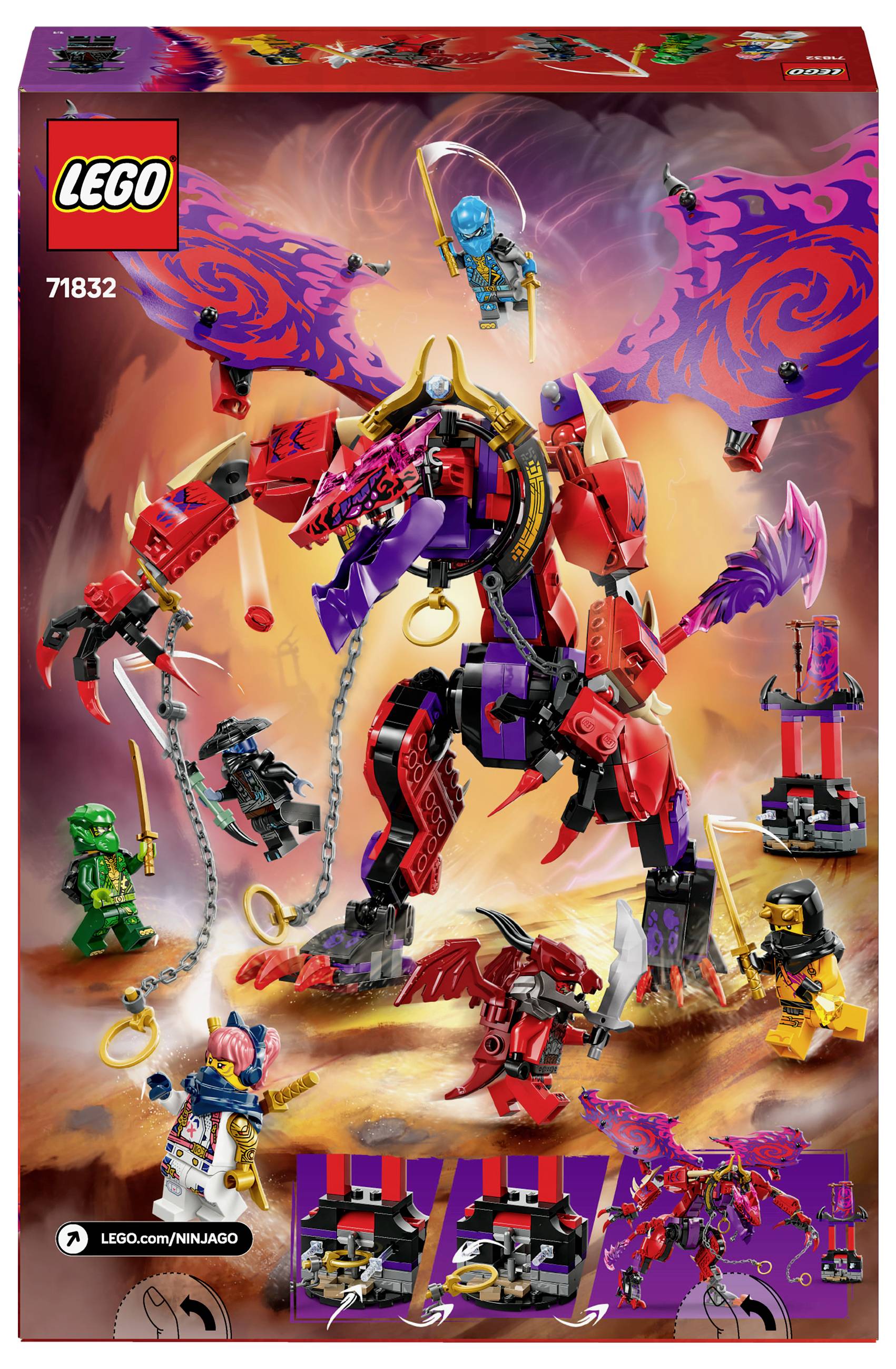 Slika prikazuje embalažo LEGO kompleta. V ospredju je velik rdeč zmaj, zgrajen iz LEGO kock, obkrožen s figurami v dinamičnih pozah.