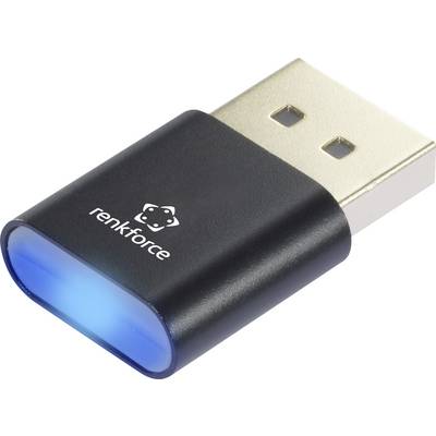 USB-adapter s črnim ohišjem in modro LED-indikacijo. Na njem je natisnjen blagovni znamki 'renkforce'.