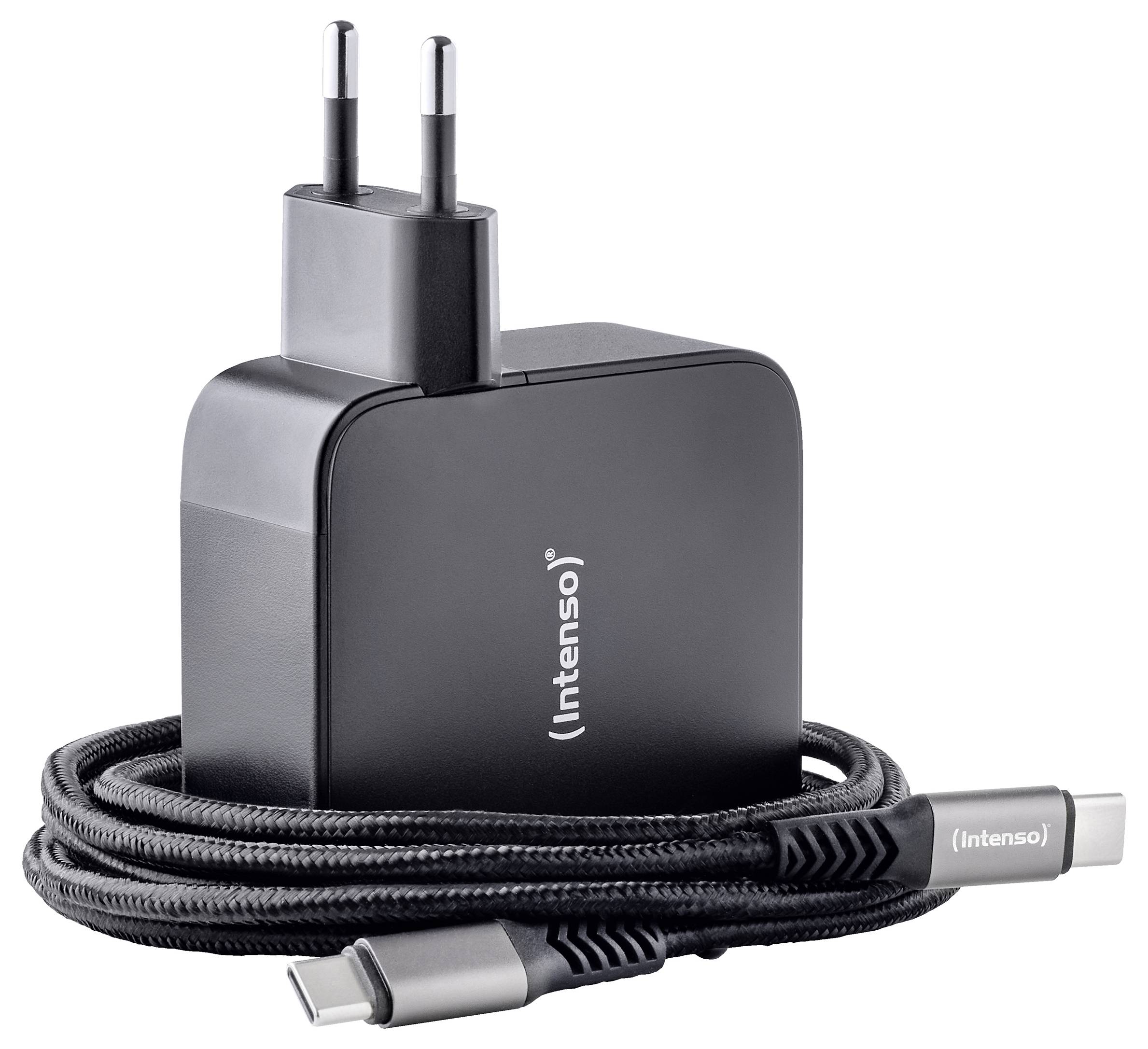 Črn Intenso polnilnik z dvema okroglima vtičnima kontaktoma in kablom USB-C, ovitim okoli polnilnika.