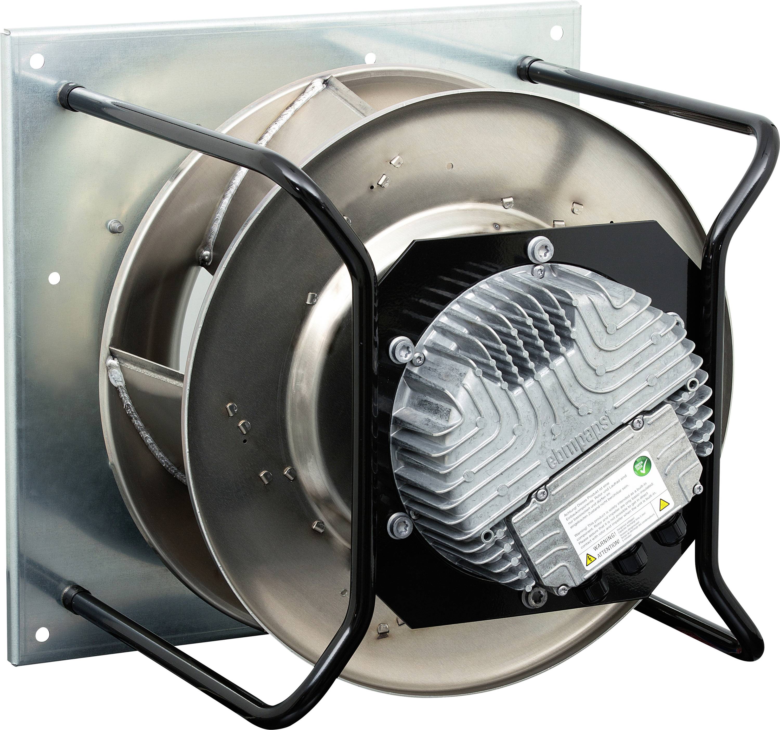 Industrijski ventilator s kovinskim ohišjem in zunanjim zaščitnim okvirjem, namenjen kroženju zraka v velikih prostorih ali industrijskih aplikacijah.