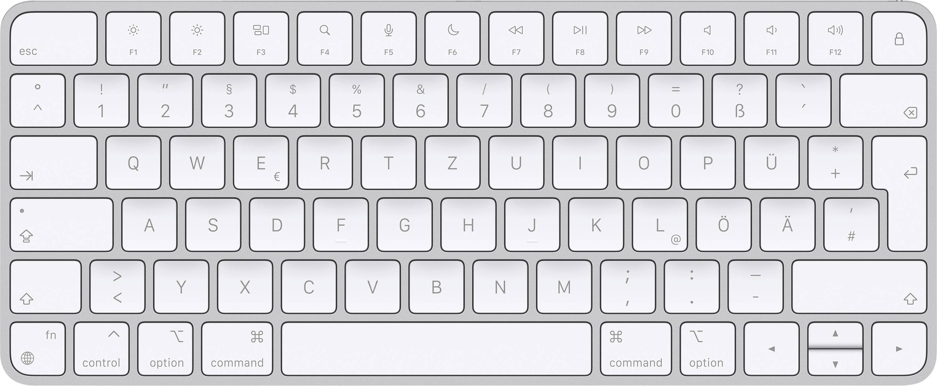 Nemška računalniška tipkovnica v Apple postavitvi. Prikazuje tipke s črkami, številkami in simboli. Postavitev je QWERTZ z funkcijskimi tipkami.