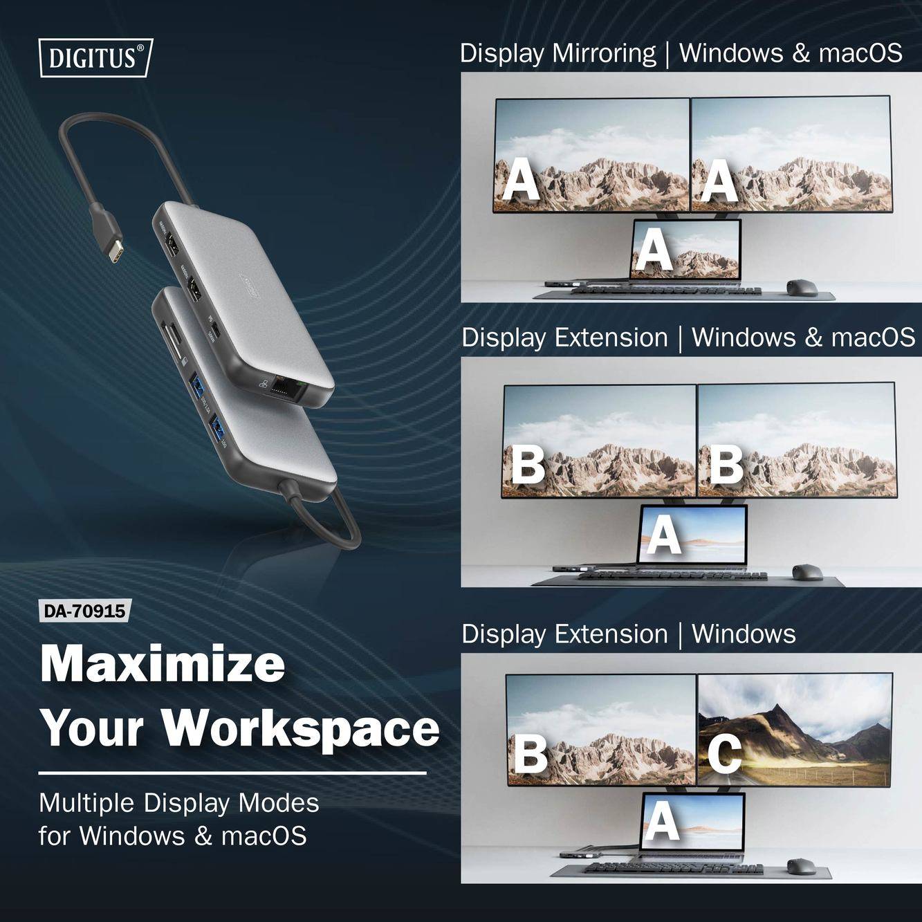 Tri slike prikazujejo različne nastavitve monitorja: 'Zrcaljenje zaslona' (Windows in macOS), 'Razširitev zaslona' (Windows in macOS) in 'Razširitev zaslona' (Windows). Levo je prikaz USB razdelilnikov.
