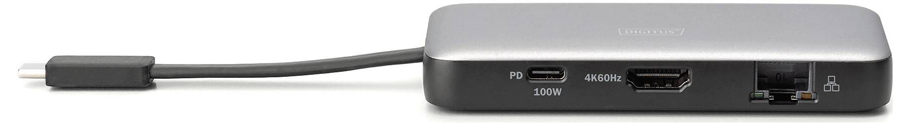 Črn USB-C hub z več priključki: USB-C PD, HDMI, USB-A in Ethernet. Hub ima kratek kabel s priključkom USB-C.