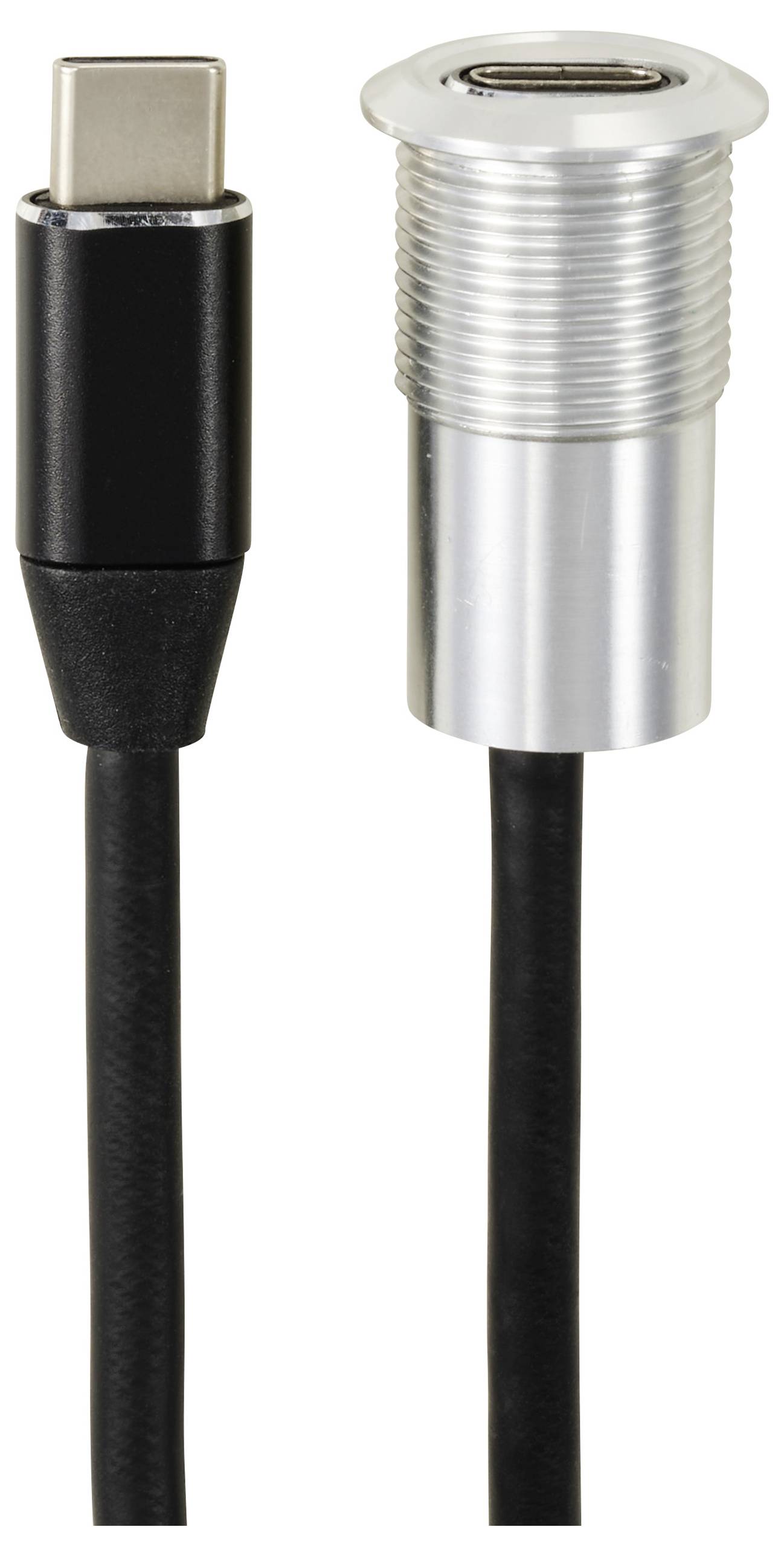 Dva USB-C kabla: levo črn kabel s vtikačem, desno aluminijasto ohišje z vtičnico.