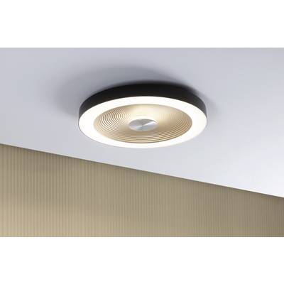 Okrogla, moderna LED stropna svetilka s črnim okvirjem in koncentričnimi vzorci svetlo sveti na beli stropu.