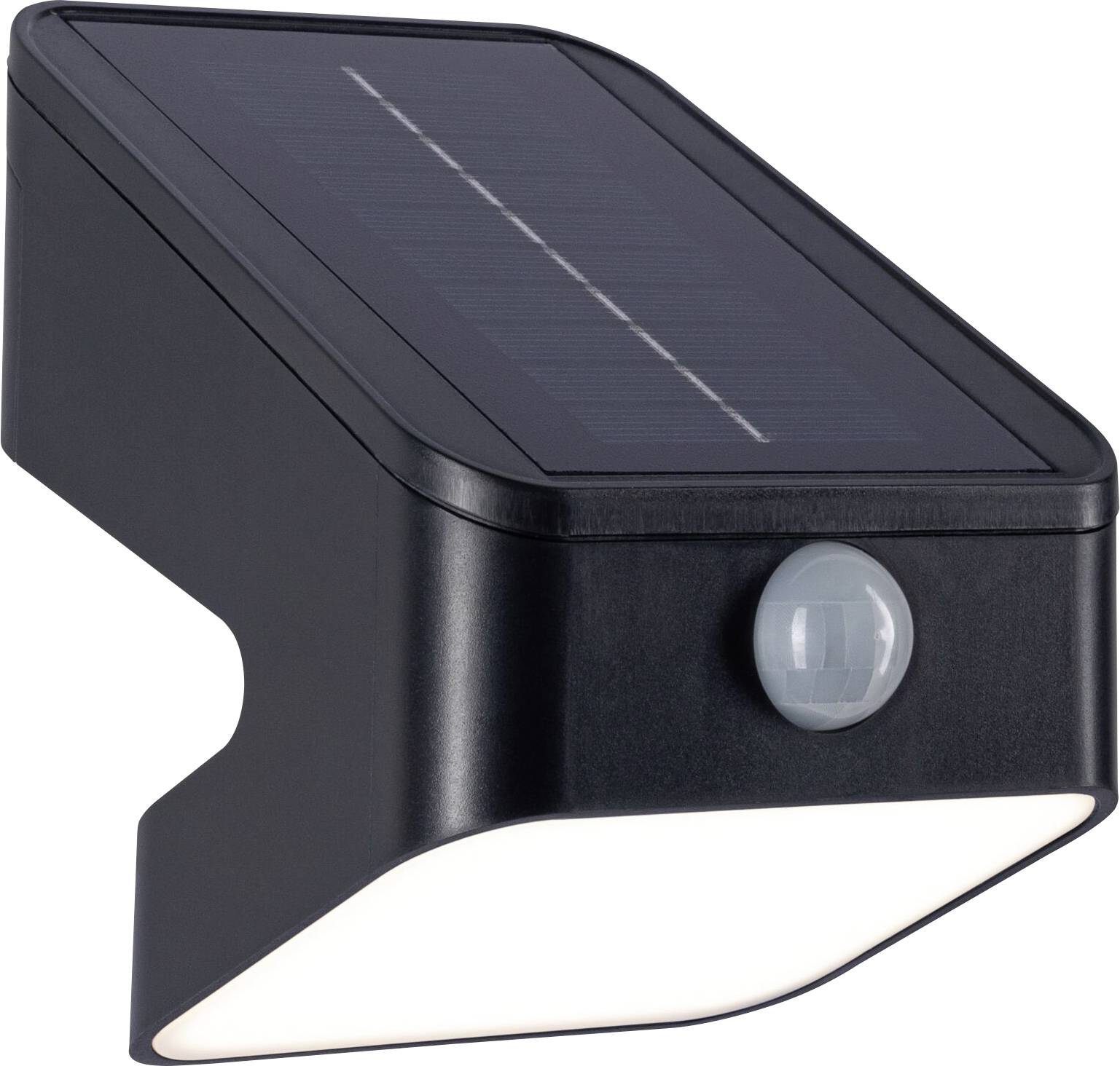 Črna solarna svetilka z gibljivim senzorjem in zgornjim solarnim panelom, primerna za zunanjo razsvetljavo.