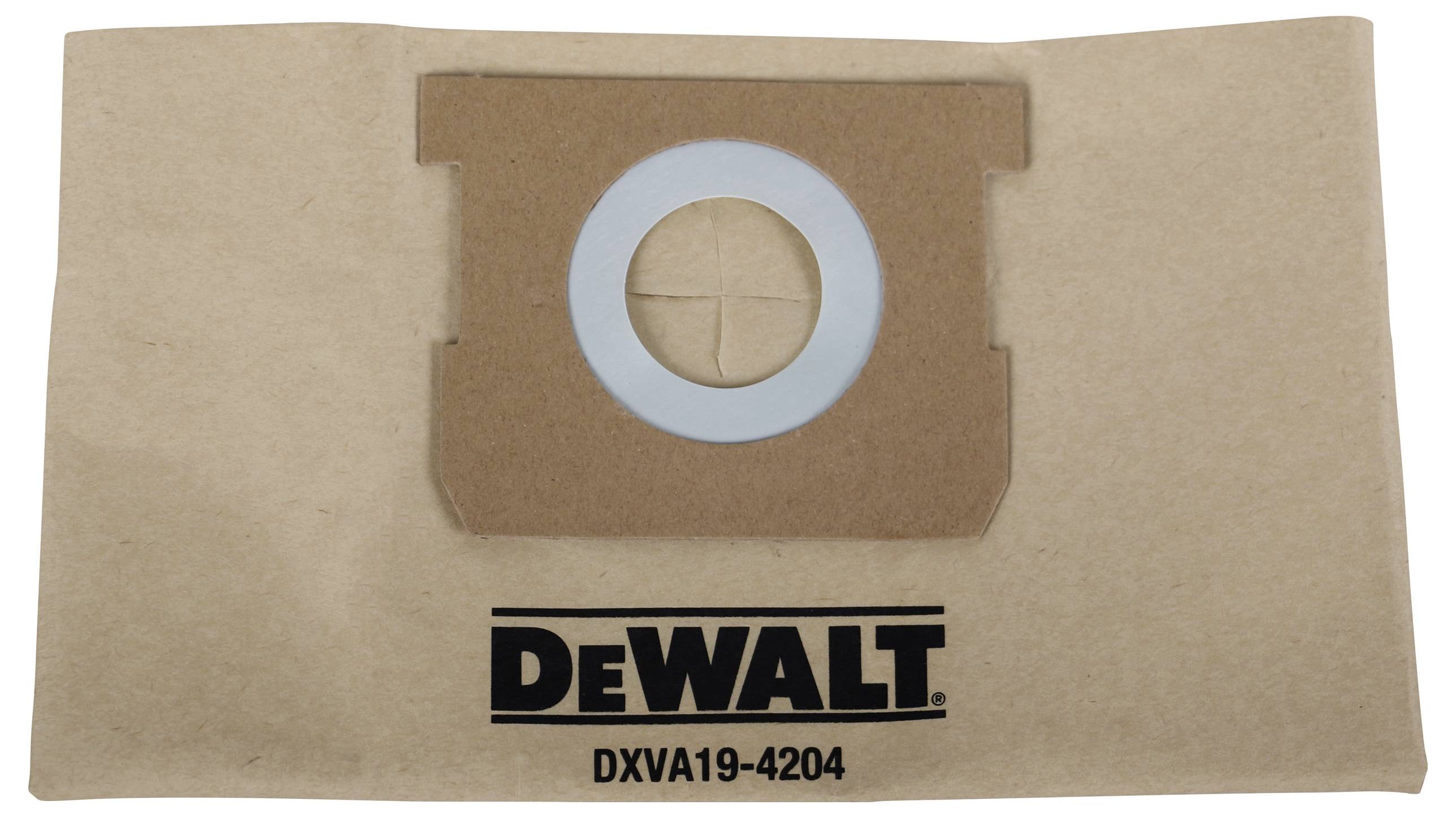 Vrečka za sesalnik z napisom 'DeWALT DXVA19-4204', rjav papir, okrogla luknja na sredini za priklop.