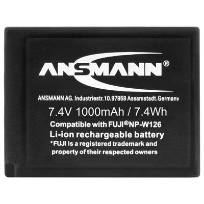 Akumulatorski paket z napisom: '7,4V 1000mAh / 7,4Wh'. Združljiv z 'FUJI NP-W126'. Znamka: ANSMANN. Polnljiva litij-ionska baterija.