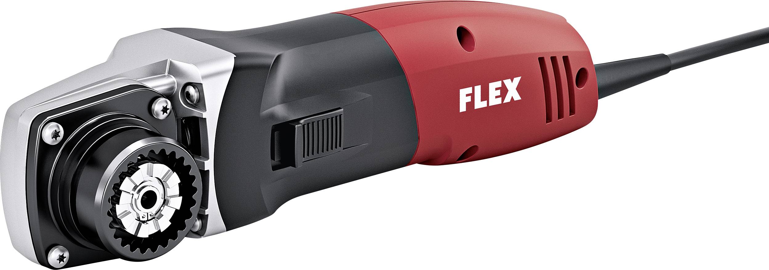 Električni kotni brusilnik Flex, v rdeči in črni barvi. Kompakten, z električno vrvjo, primeren za brušenje in rezanje.