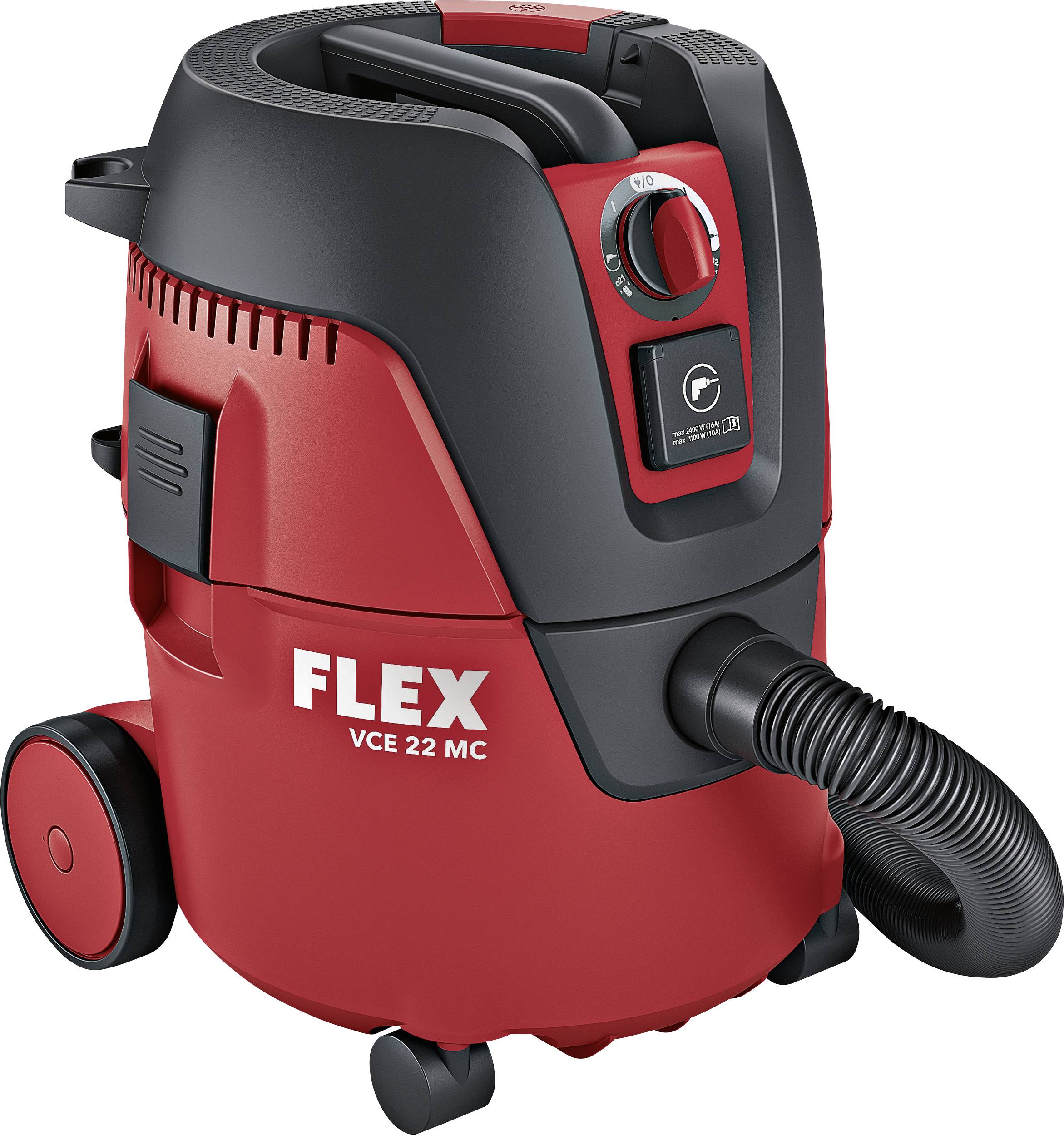 Rdeč industrijski sesalnik z napisom 'FLEX VCE 22 MC', črna cev in stikalo, stoječ na kolesih.