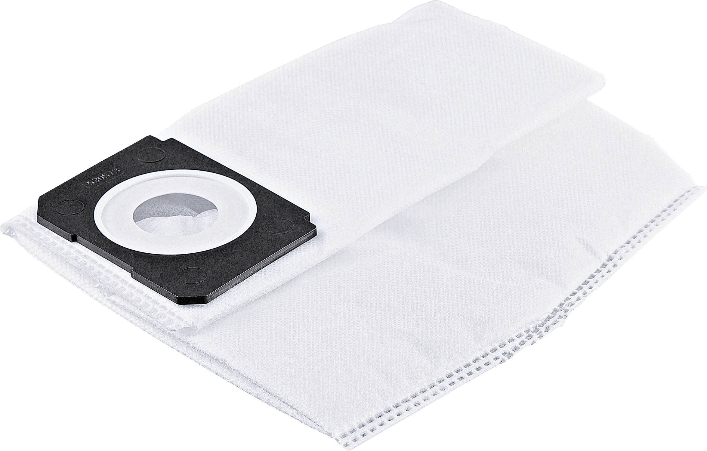 Bel platneni vrečka za sesalec s pravokotnim plastičnim priključkom, ki leži na eni strani.