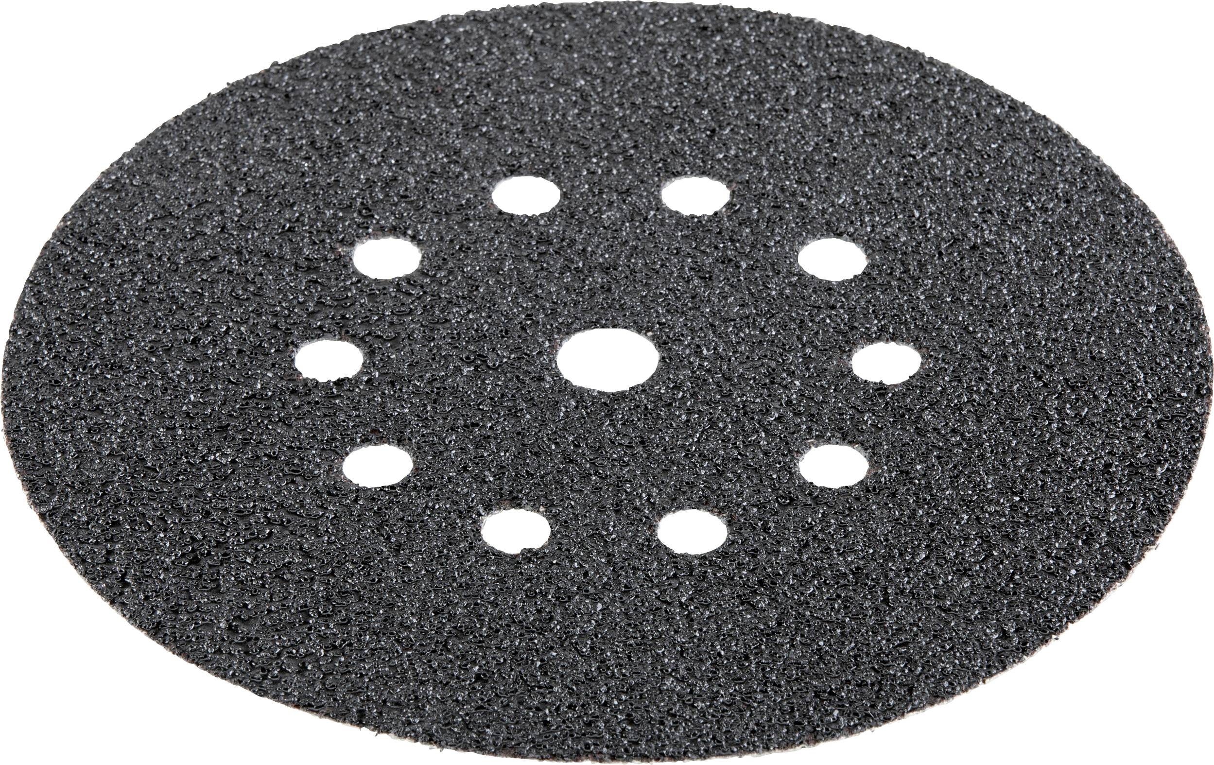 Črn brusilni disk okrogle oblike z več luknjami v enakih razmikih. Uporablja se za obdelavo površin.