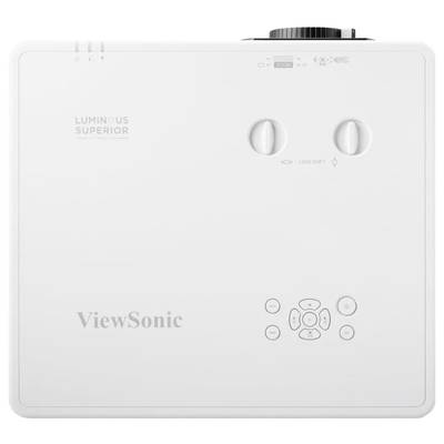 Bel projektor ViewSonic z napisom 'Luminous Superior' z vrtljivimi gumbi in tipkami za upravljanje na zgornji strani.