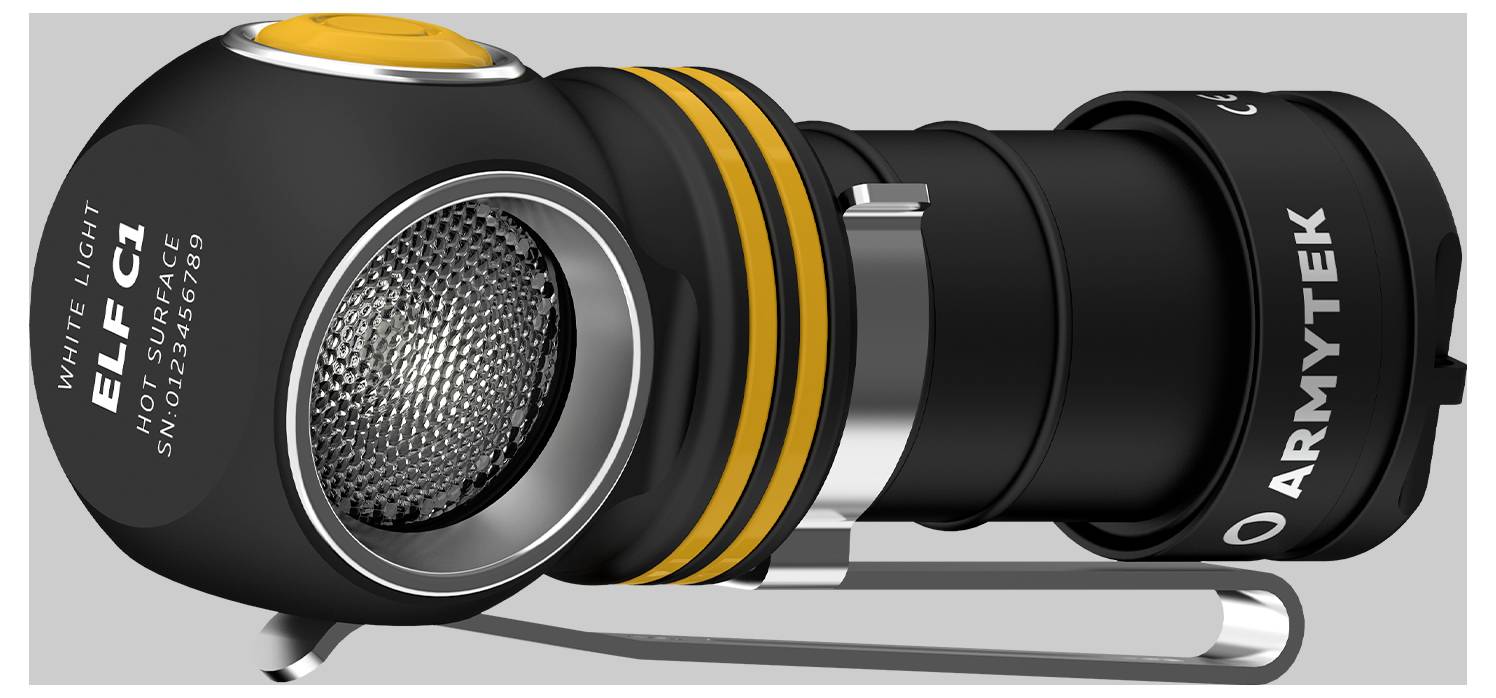 Črna, kompaktna svetilka 'ARMYTEK ELF C1', z sponko, rebrasto ročico in svetleče rumenim poudarkom na leči.