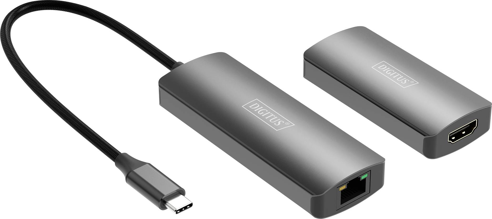 USB-C na HDMI in Ethernet adapter. Prikazuje dva adapterja: enega z HDMI-priključkom, drugega z Ethernet-vhodom, oba z USB-C vtičem.