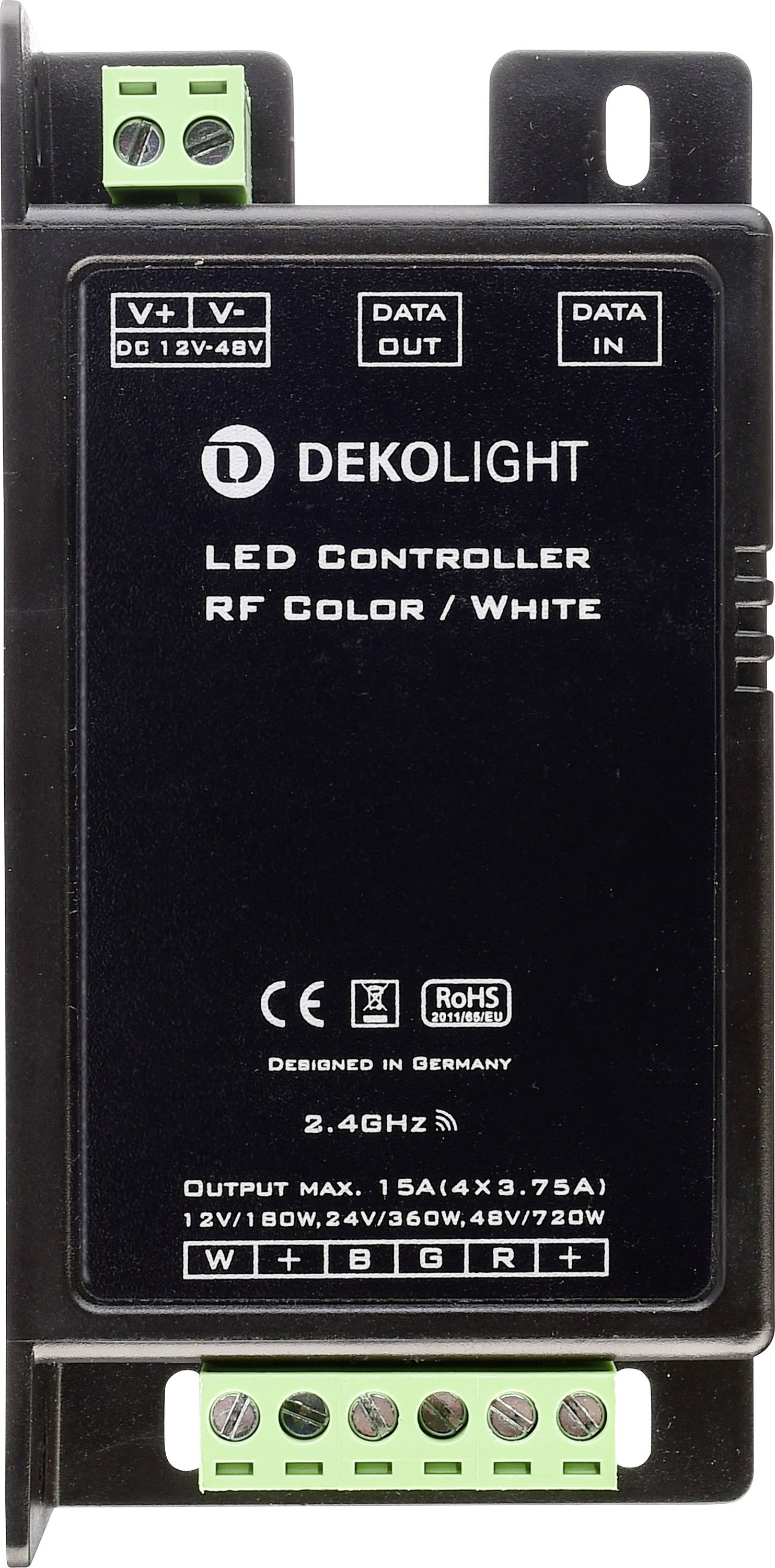 Črn LED-krmilnik podjetja Dekolight za upravljanje RF barvnih/belih luči. Vhodna napetost 12V-48V; izhod največ 15A.