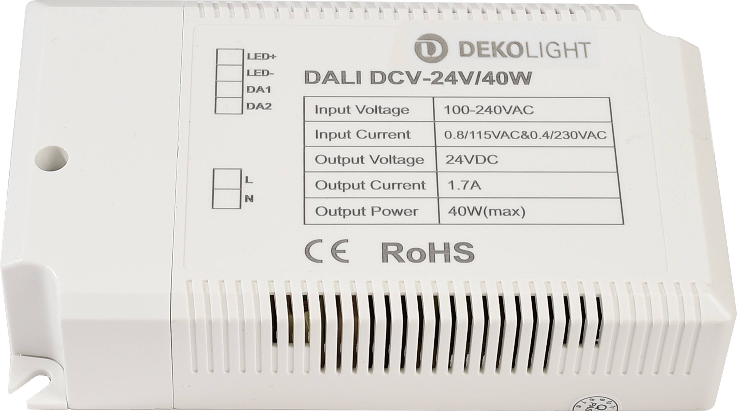Bela elektronska naprava z napisom 'DALI DCV-24V/40W'. Prikazuje vhodne in izhodne napetosti ter tokove, simbole CE in RoHS.