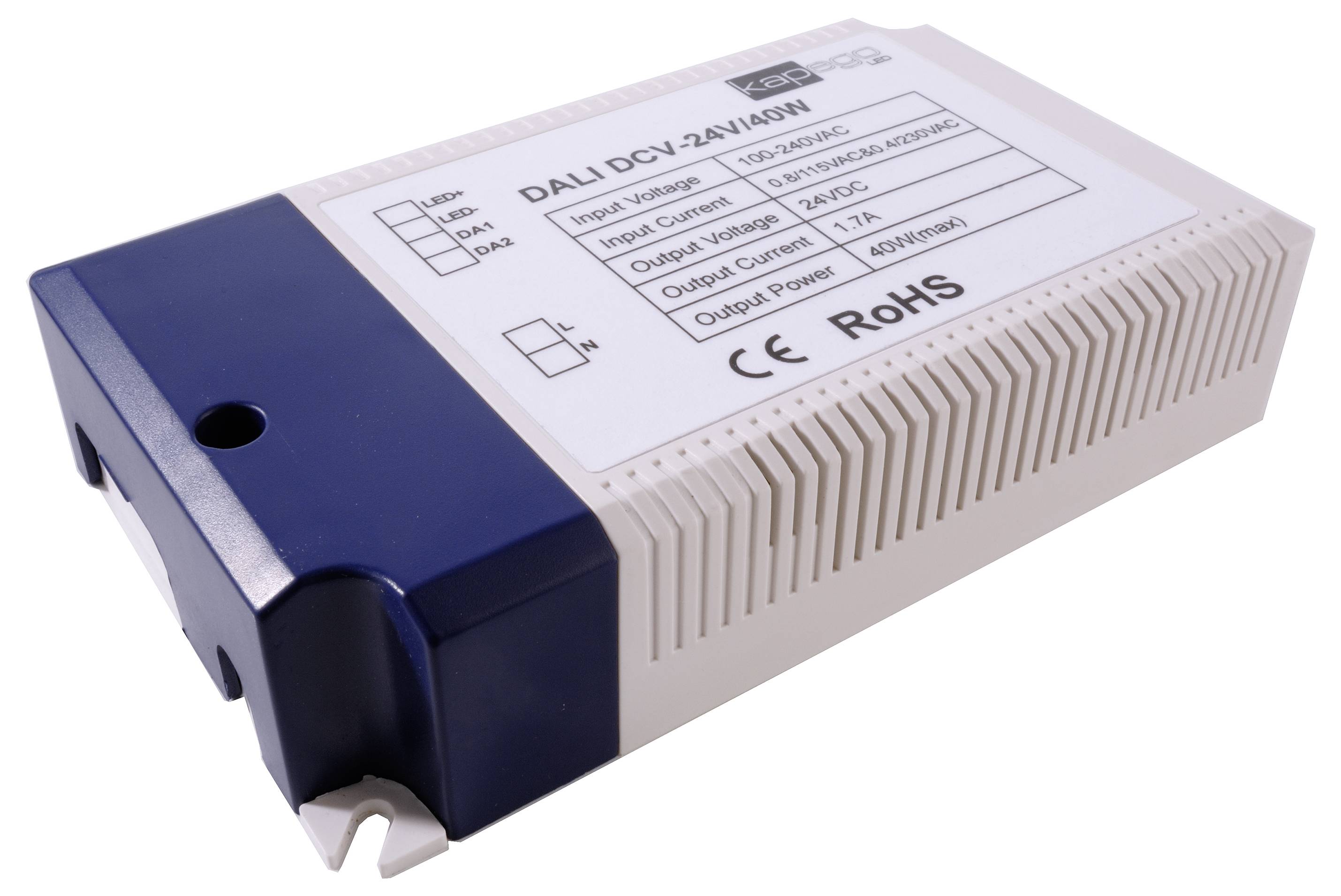 Elektronska naprava z oznako 'DALI DCY1.2A/48V'. Prikazuje vhodne in izhodne napetosti ter jakost toka. Certificirana po CE in RoHS standardih.