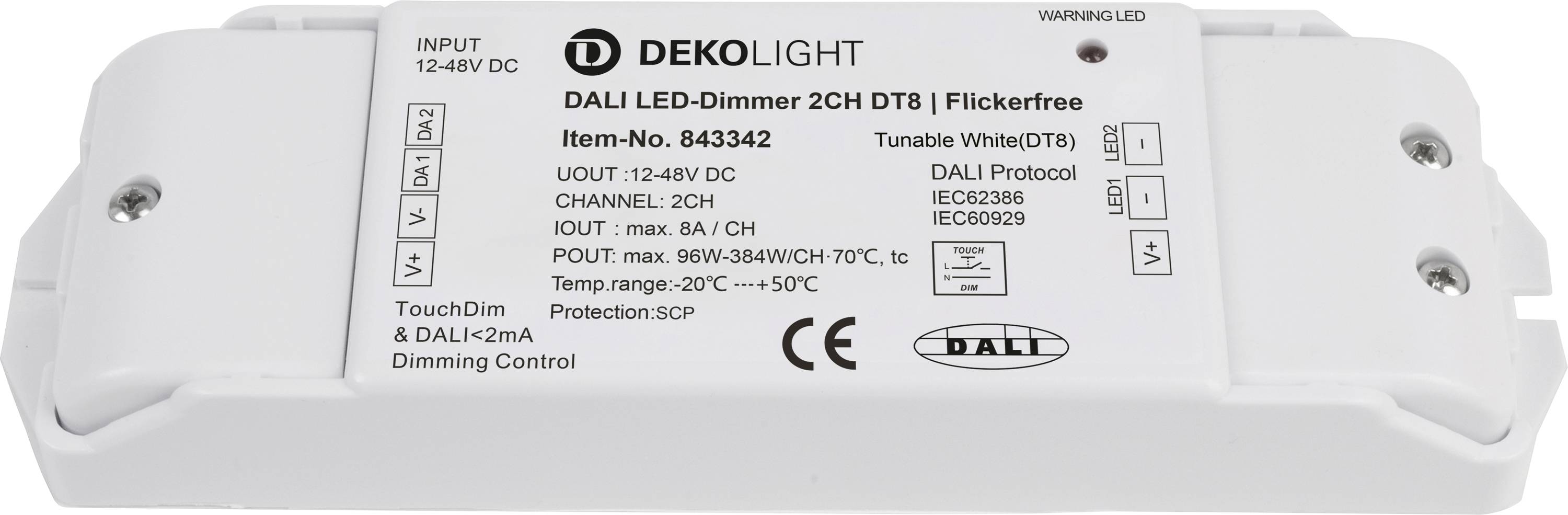 'DALI LED-zatemnjevalnik 2CH DT8' podjetja Dekolight, s tehničnimi specifikacijami in priključki za LED-osvetlitev brez utripanja.