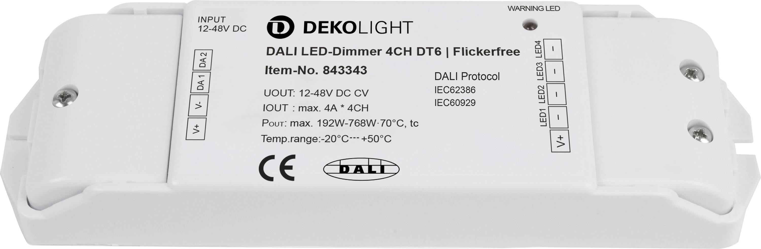 DALI LED-zatemnjevalnik 4-kanalni DT6' podjetja Deko-Light za enosmerno napetost 12-48V z oznako CE; podpira DALI-protokol EC62386, EC60929.